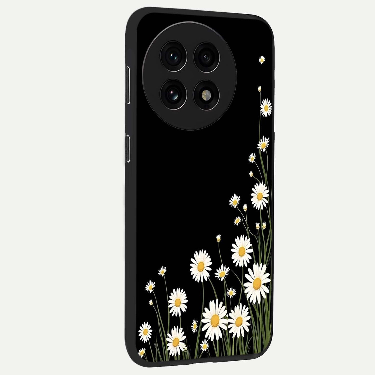 Daisy Cascade on Black Glass Case for 1+13R side perspective highlighting delicate daisy detailing and smooth edges