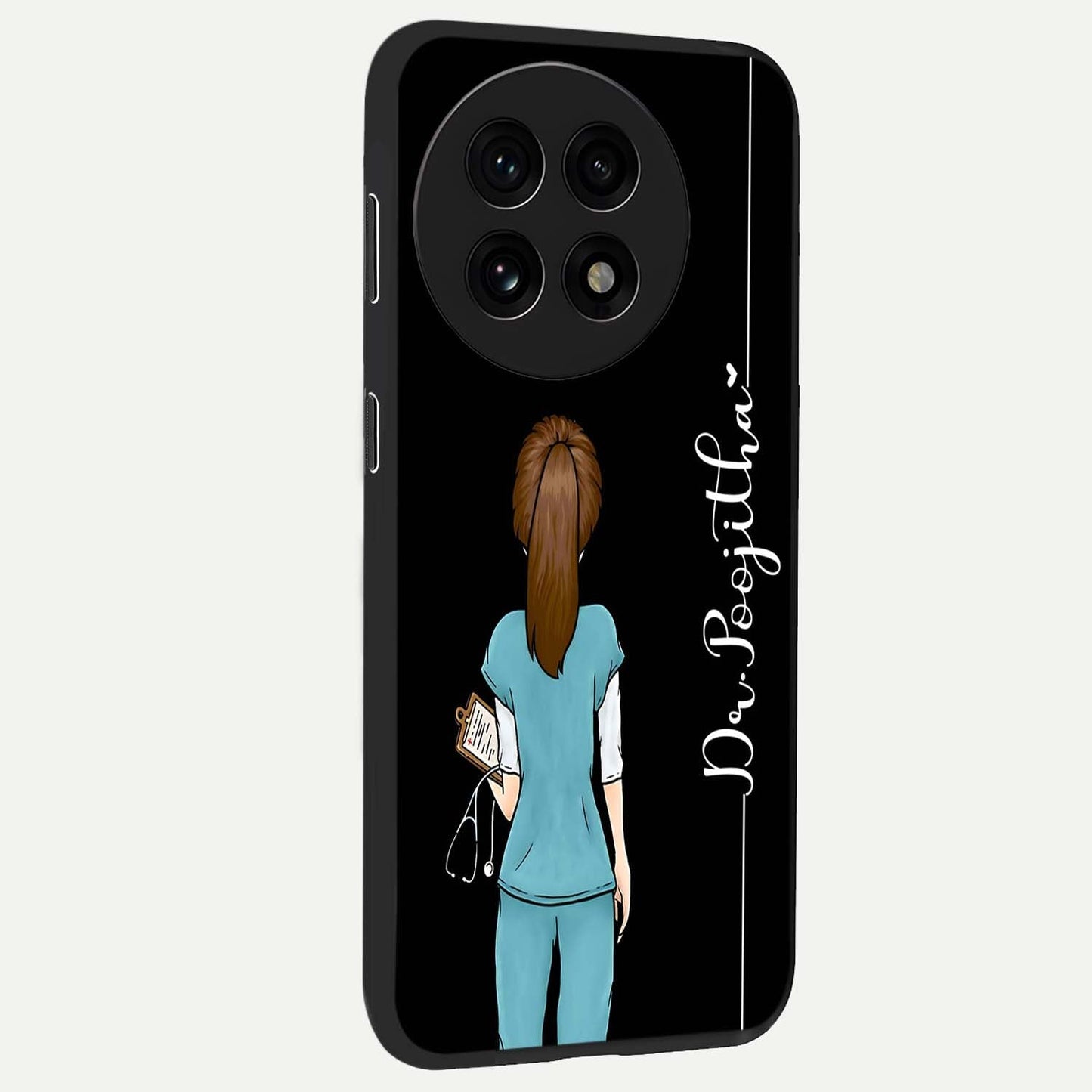 Doctor Pattern Custom Name Glass Case for 1+13R side perspective highlighting custom typography and smooth premium edges