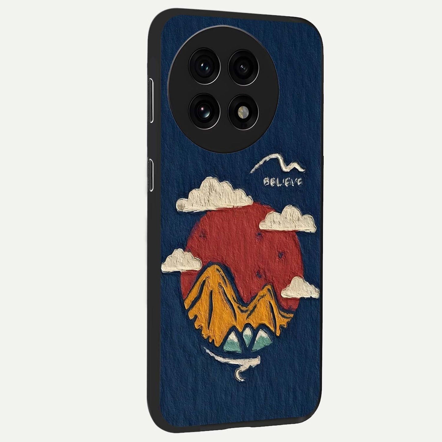 Dream Beyond Mountains Glass Case for 1+13R side perspective highlighting serene mountain detailing and premium edge finish