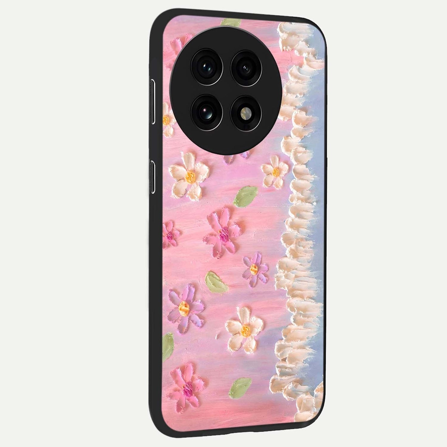 Dreamy Painted Garden Glass Case for 1+13R side perspective highlighting colorful bloom details and premium edges