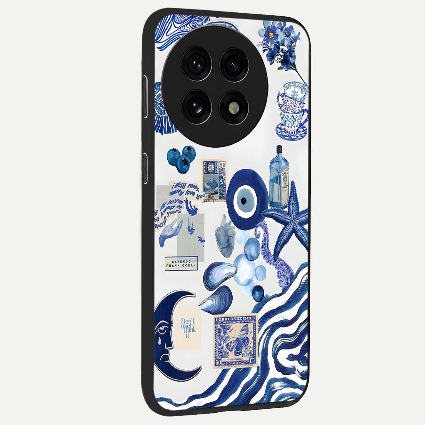 Evil Eyes Dark Blue Glass Case for 1+13R side perspective highlighting intense blue detailing and premium build