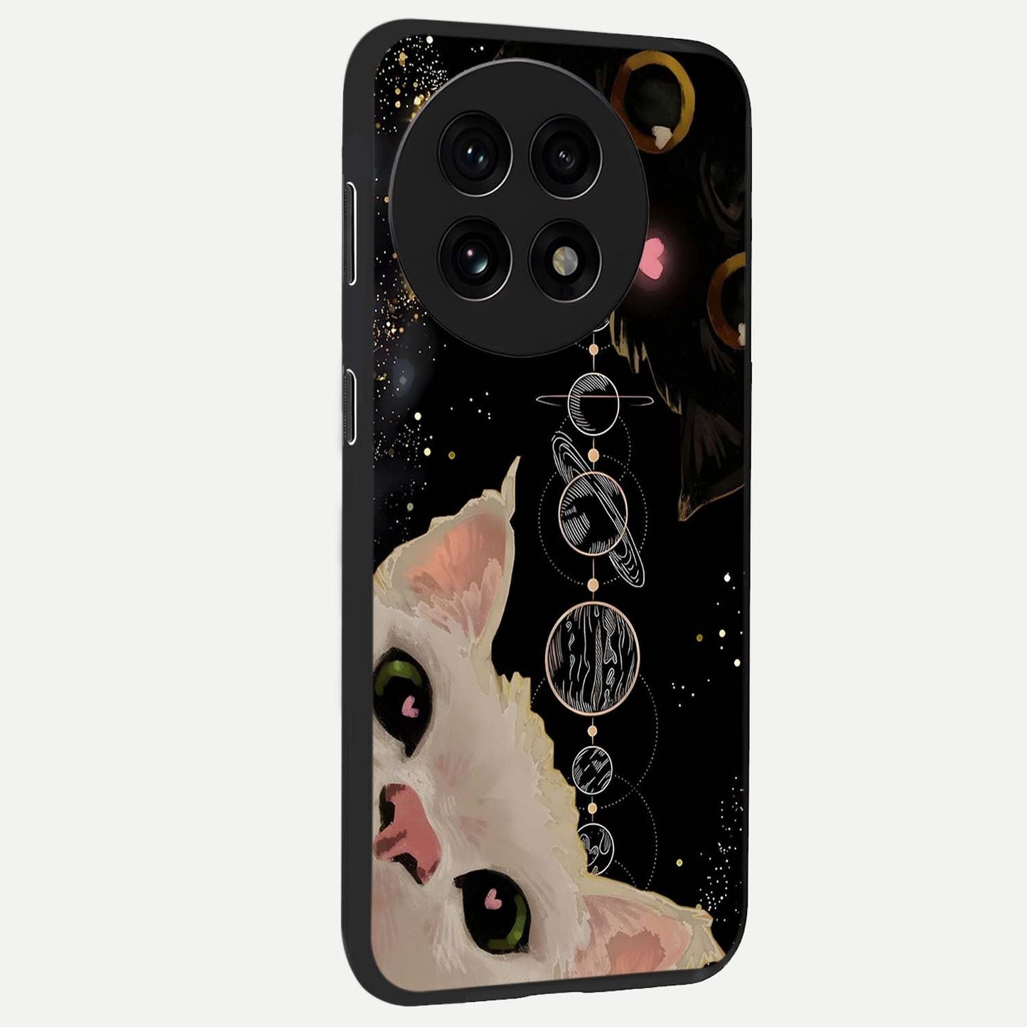Galactic Cat Glass Case for 1+13R side perspective highlighting celestial feline textures and smooth build