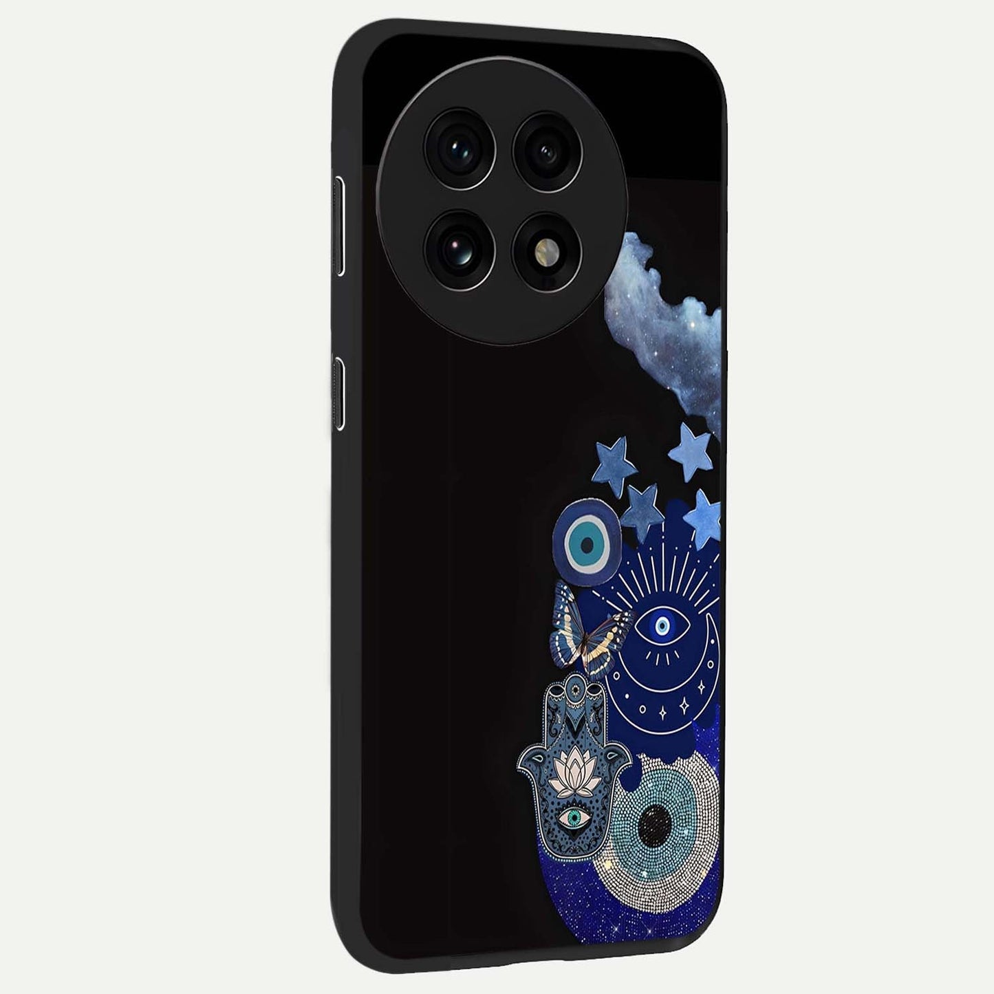 Galactic Charm Cluster Glass Case for 1+13R side perspective highlighting glowing textures and premium edge finish
