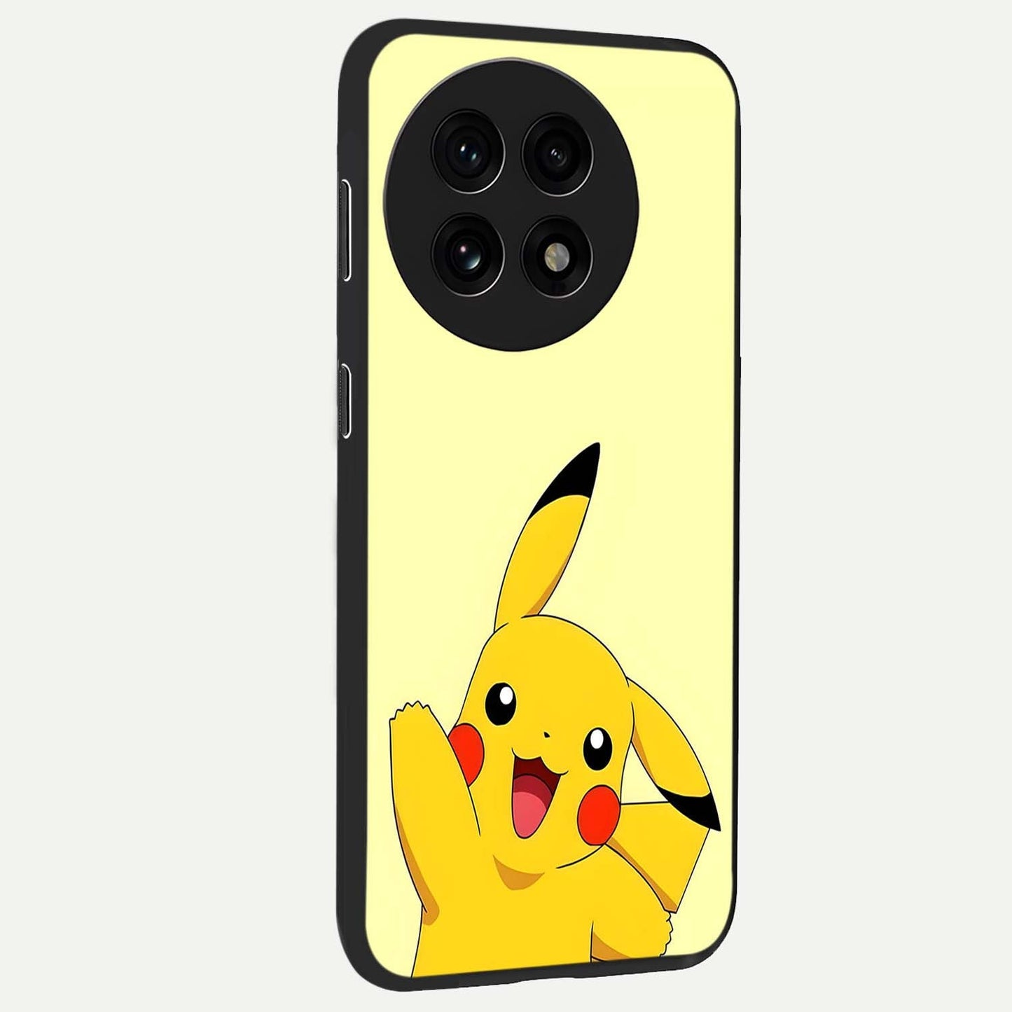 Happy Electric Pikachu Glass Case for 1+13R side perspective highlighting lively character detailing and sleek build