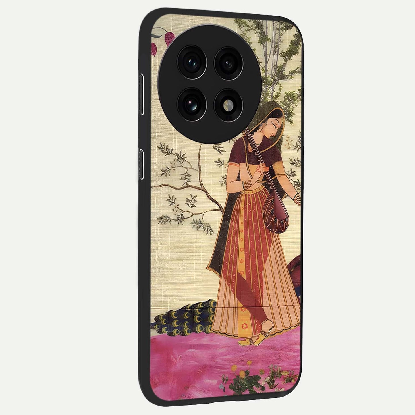 Lady With Veena Art Glass Case for 1+13R side perspective highlighting graceful illustration textures and sleek build