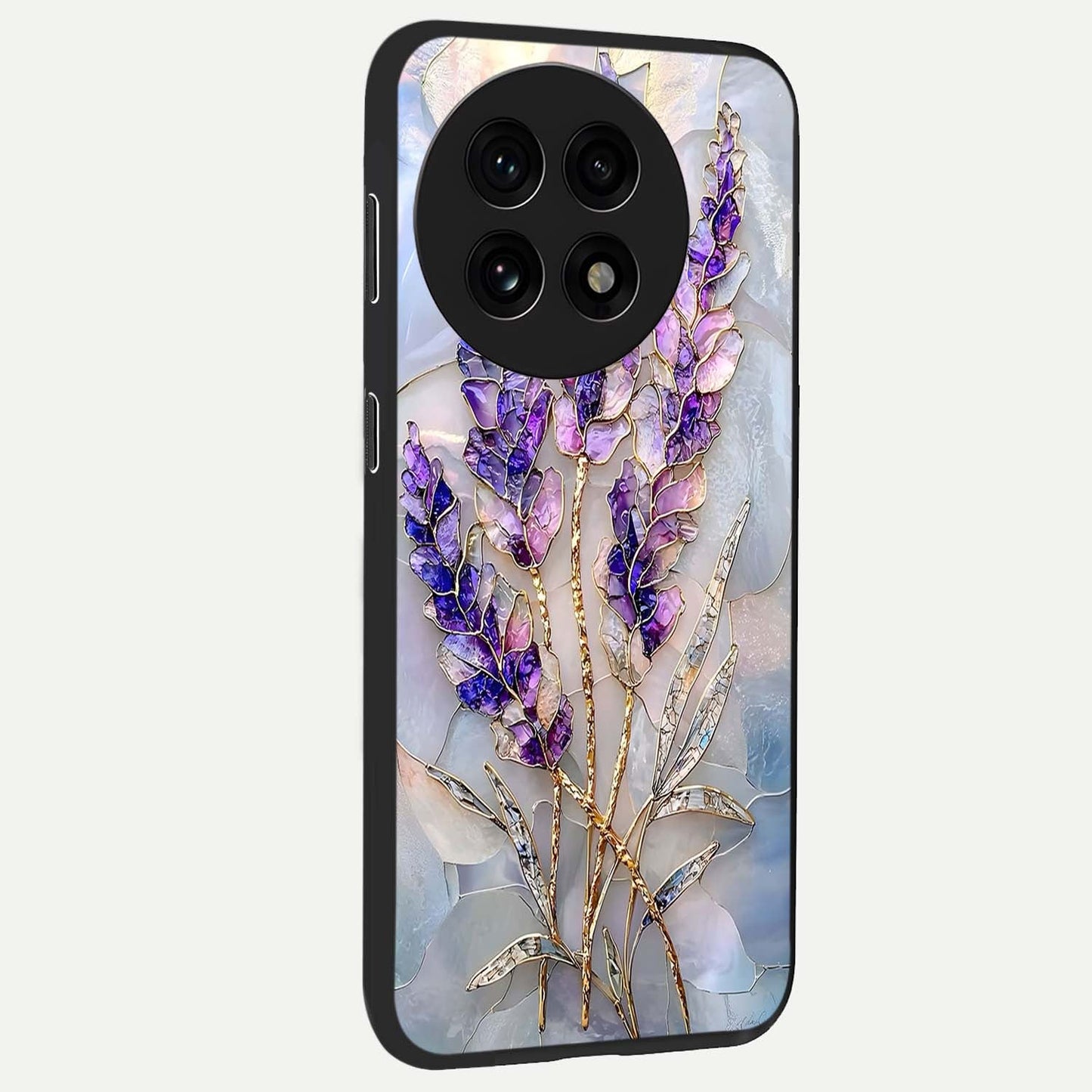 Lavender Dream Glow Glass Case for 1+13R side perspective highlighting vibrant textures and smooth premium build