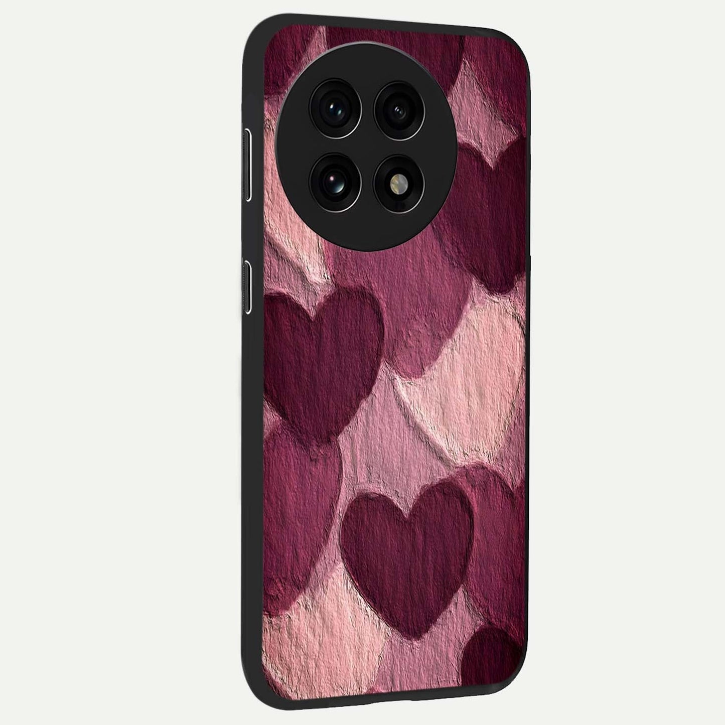 Layered Paper Hearts Glass Case for 1+13R side perspective highlighting layered texture detailing and premium edges