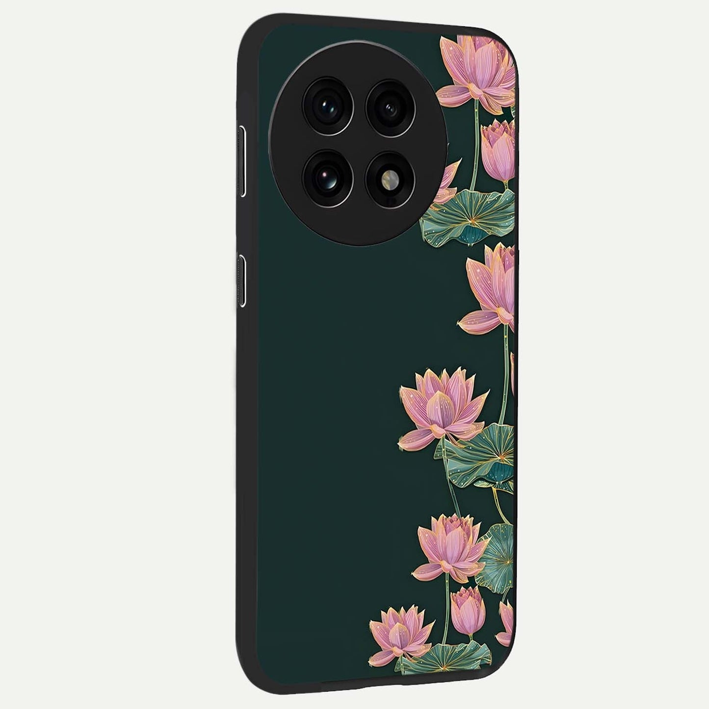 Lotus Bloom Serenity Glass Case for 1+13R side perspective highlighting delicate petal textures and premium edges