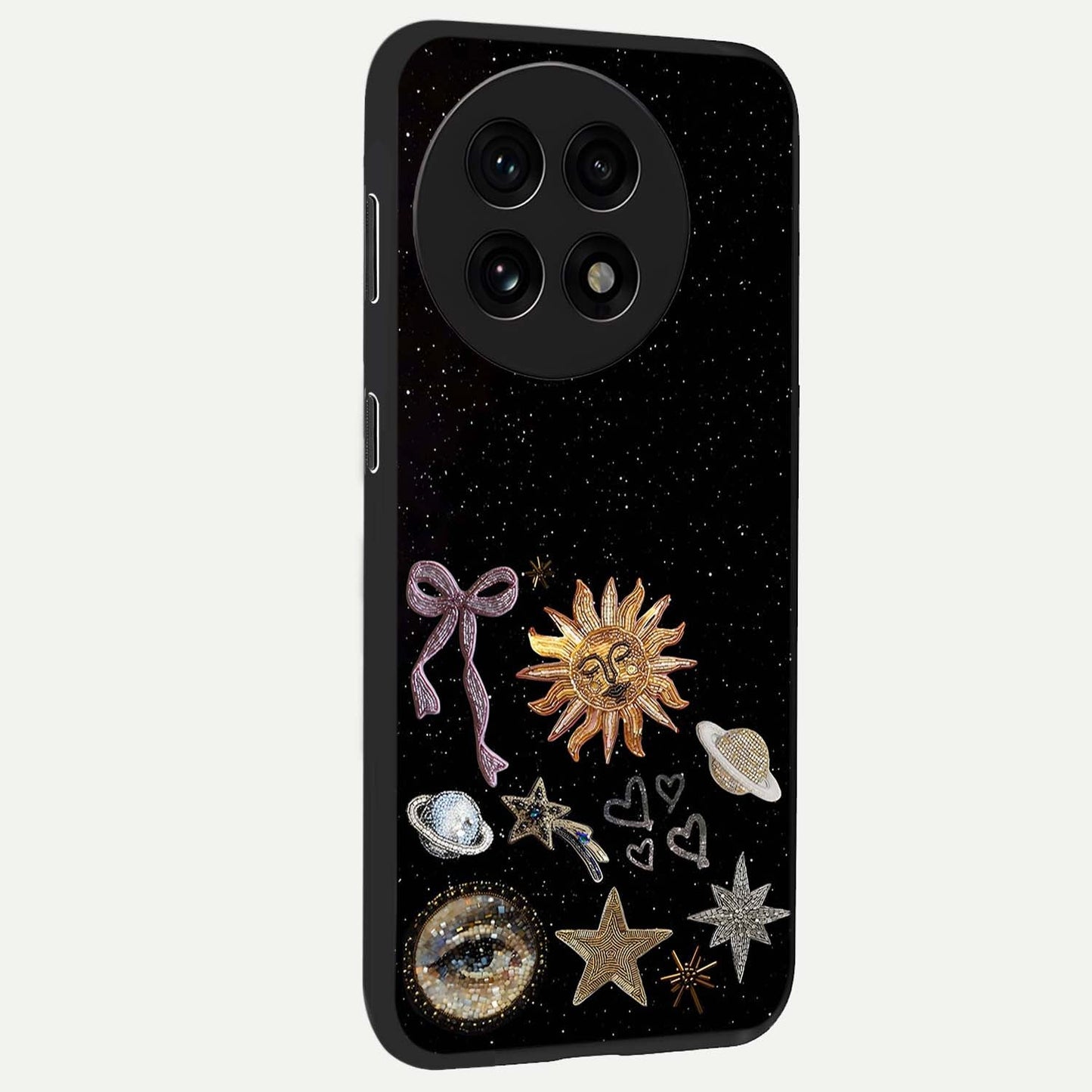 Magical Jewelry Vibe Glass Case for 1+13R side perspective highlighting radiant textures and sleek premium build