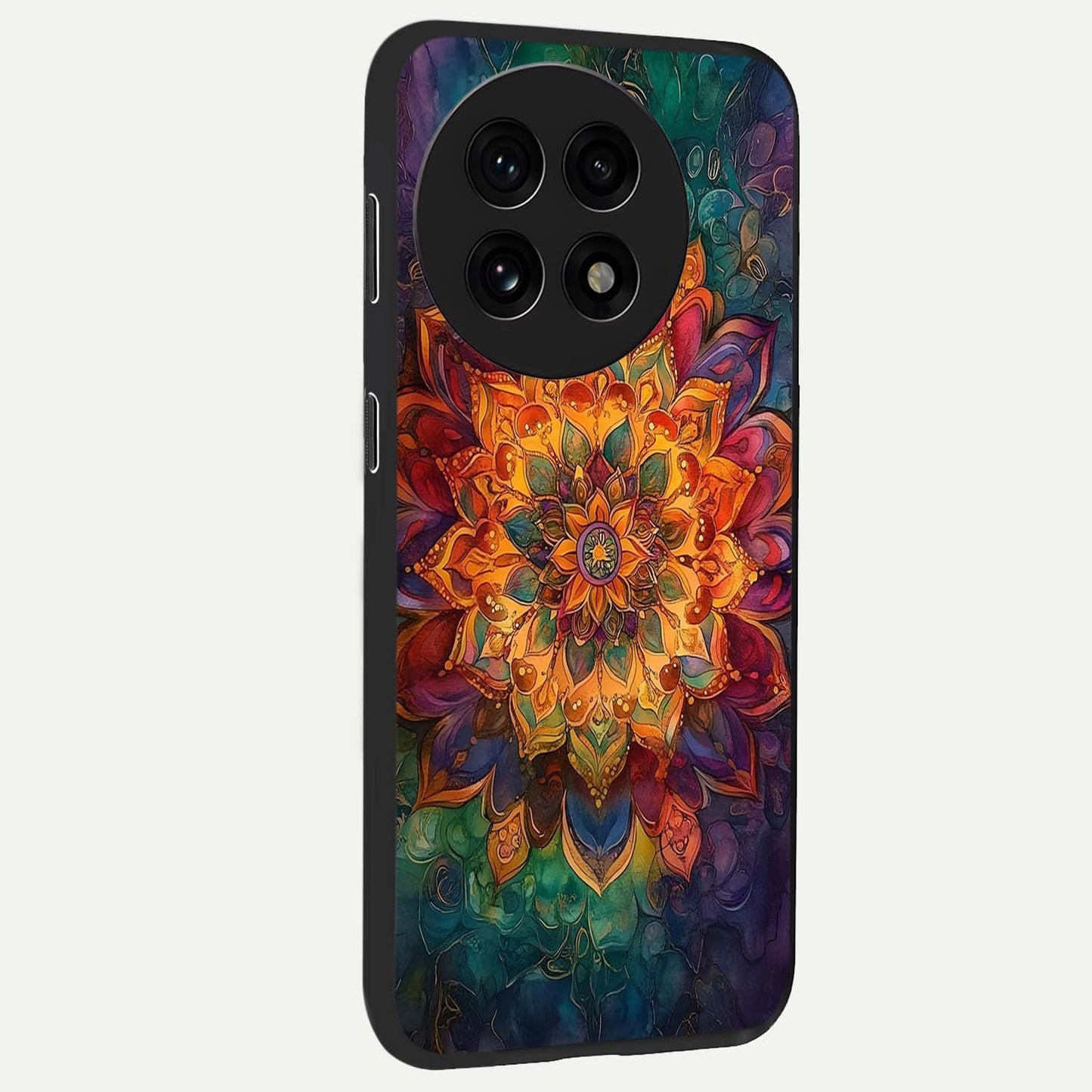Mandala Vibrants Glass Case for 1+13R side perspective highlighting vibrant ornamental textures and premium edges