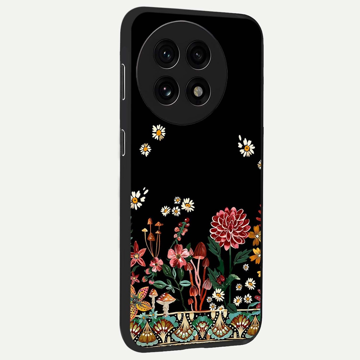 Midnight Bloom Pattern Glass Case for 1+13R side perspective highlighting intricate floral textures and premium edges
