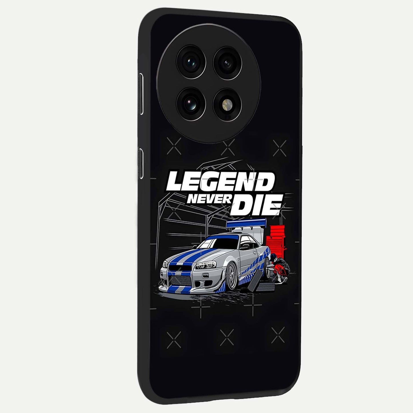 Midnight Racing Legacy Glass Case for 1+13R side perspective highlighting sleek speed textures and premium edges