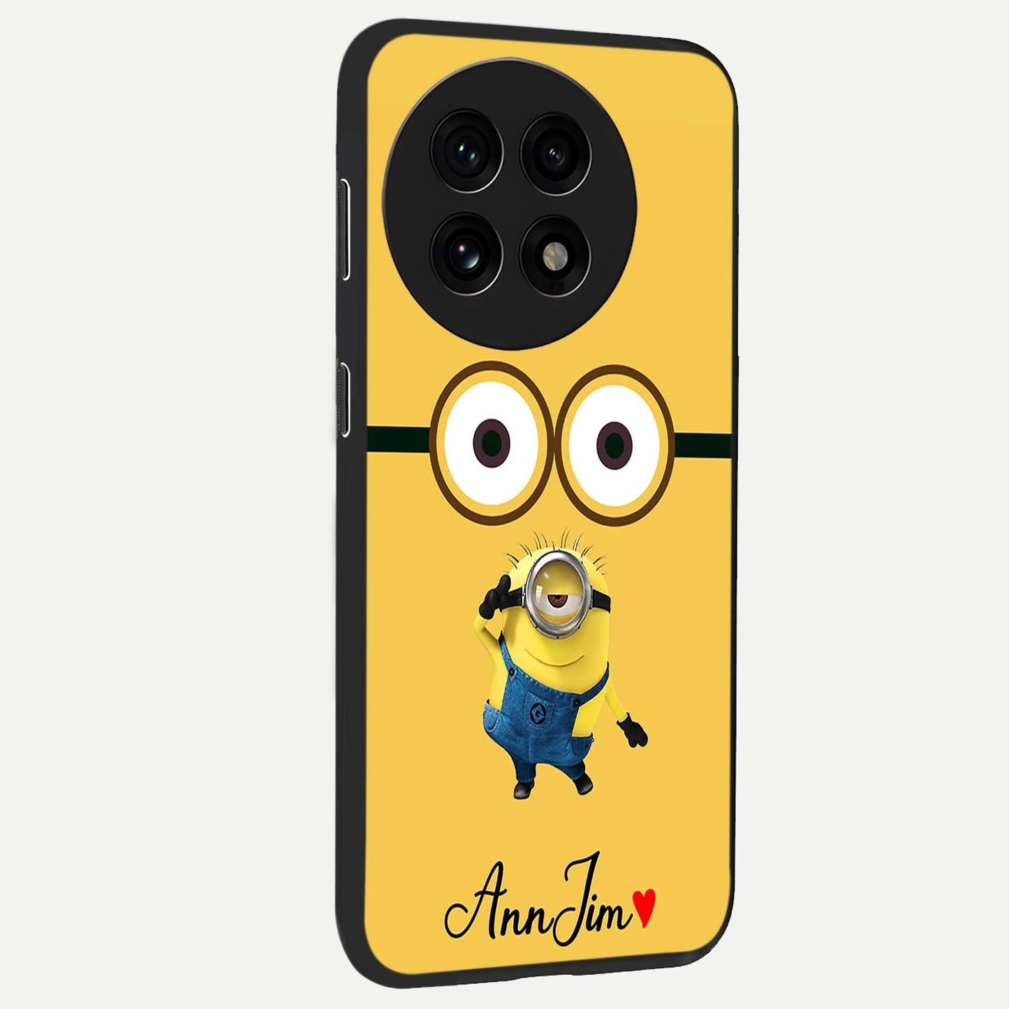 Minion Custom Name Glass Case for 1+13R side perspective highlighting custom typography and smooth premium build