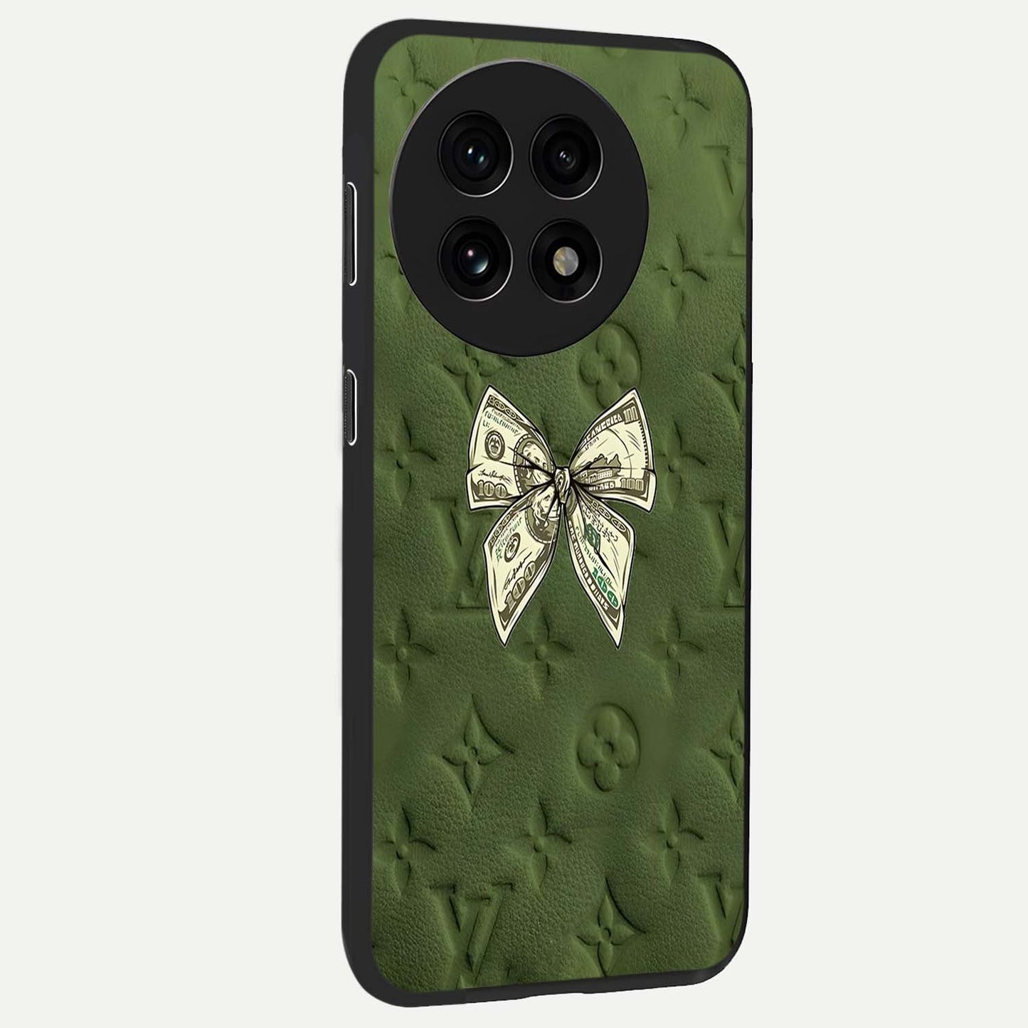 Money Bow Lv Glass Case for 1+13R side perspective highlighting stylish textures and sleek build