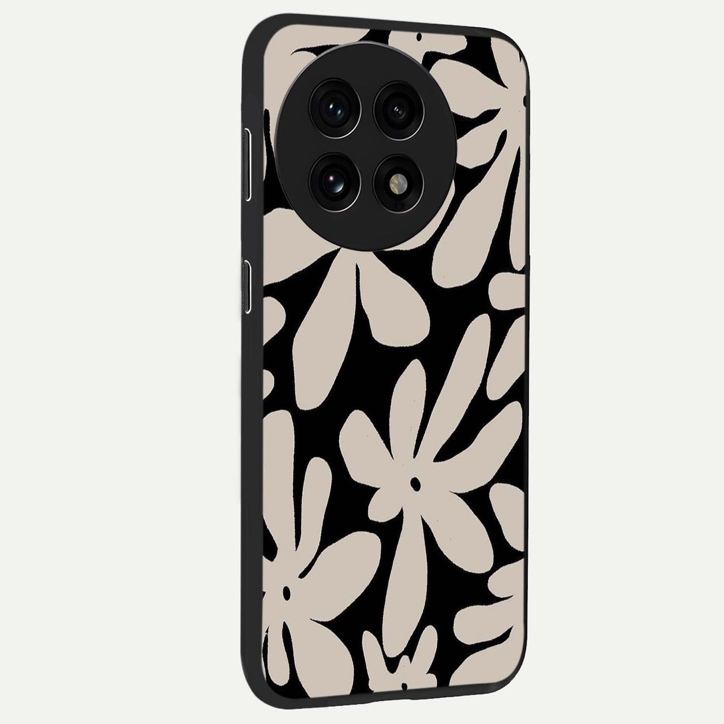 Monochrome Petal Dance Glass Case for 1+13R side perspective highlighting refined textures and premium edges