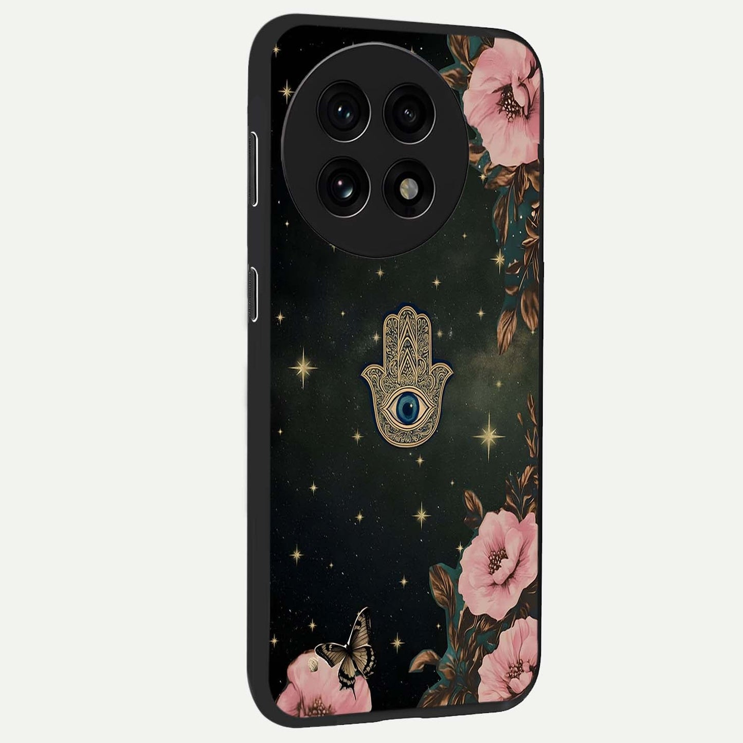 Mystic Bloom Protection Glass Case for 1+13R side perspective highlighting intricate bloom textures and sleek build