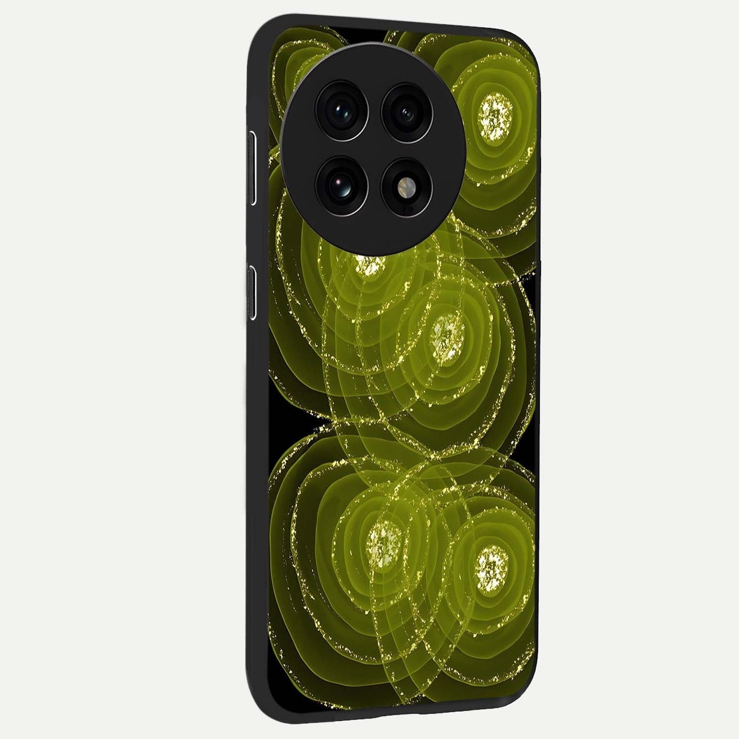 Neon Orbit Bloom Marble Glass Case for 1+13R side perspective highlighting luminous textures and premium edges