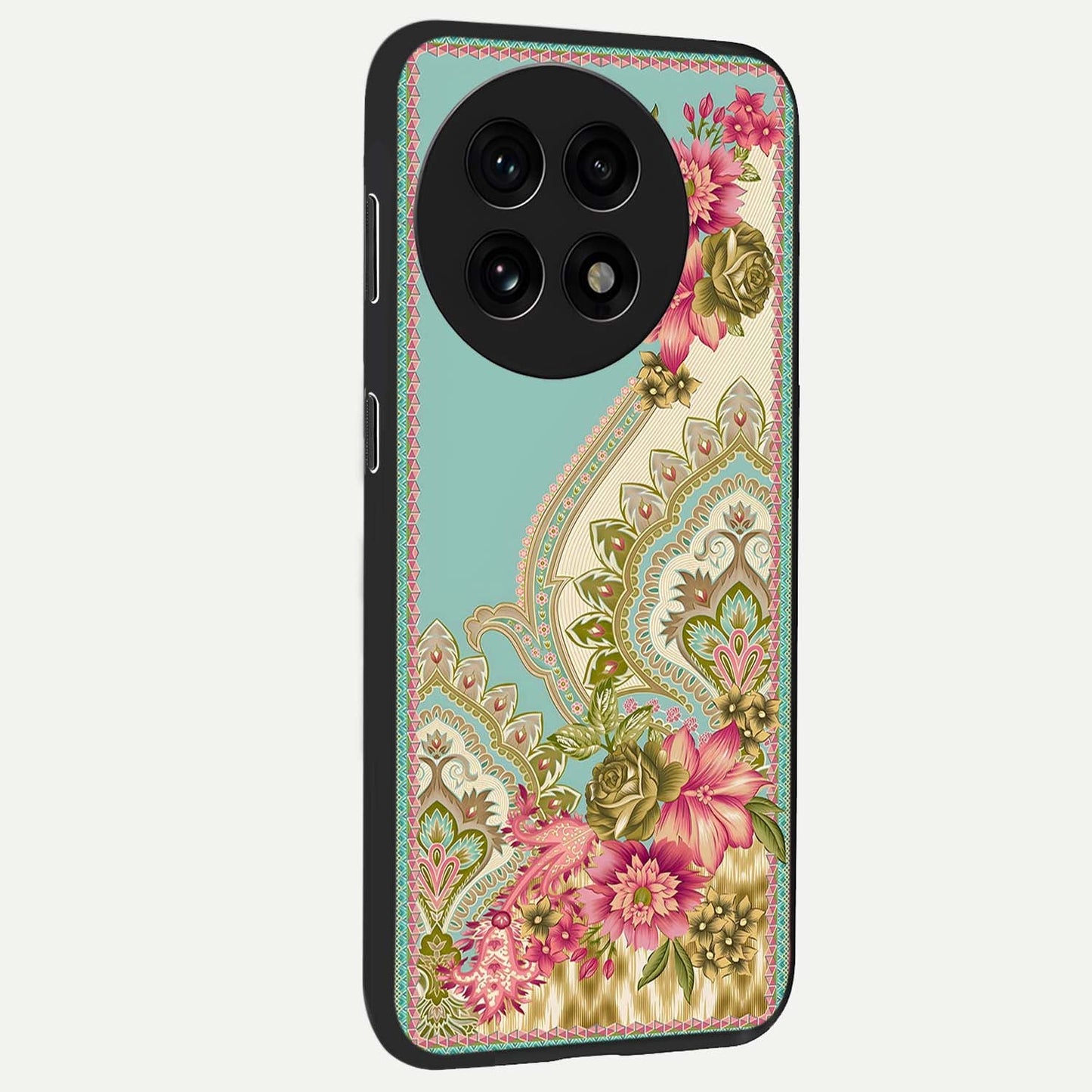 Ornate Mughal Floral Pattern Glass Case for 1+13R side perspective highlighting detailed ornamental textures and sleek build