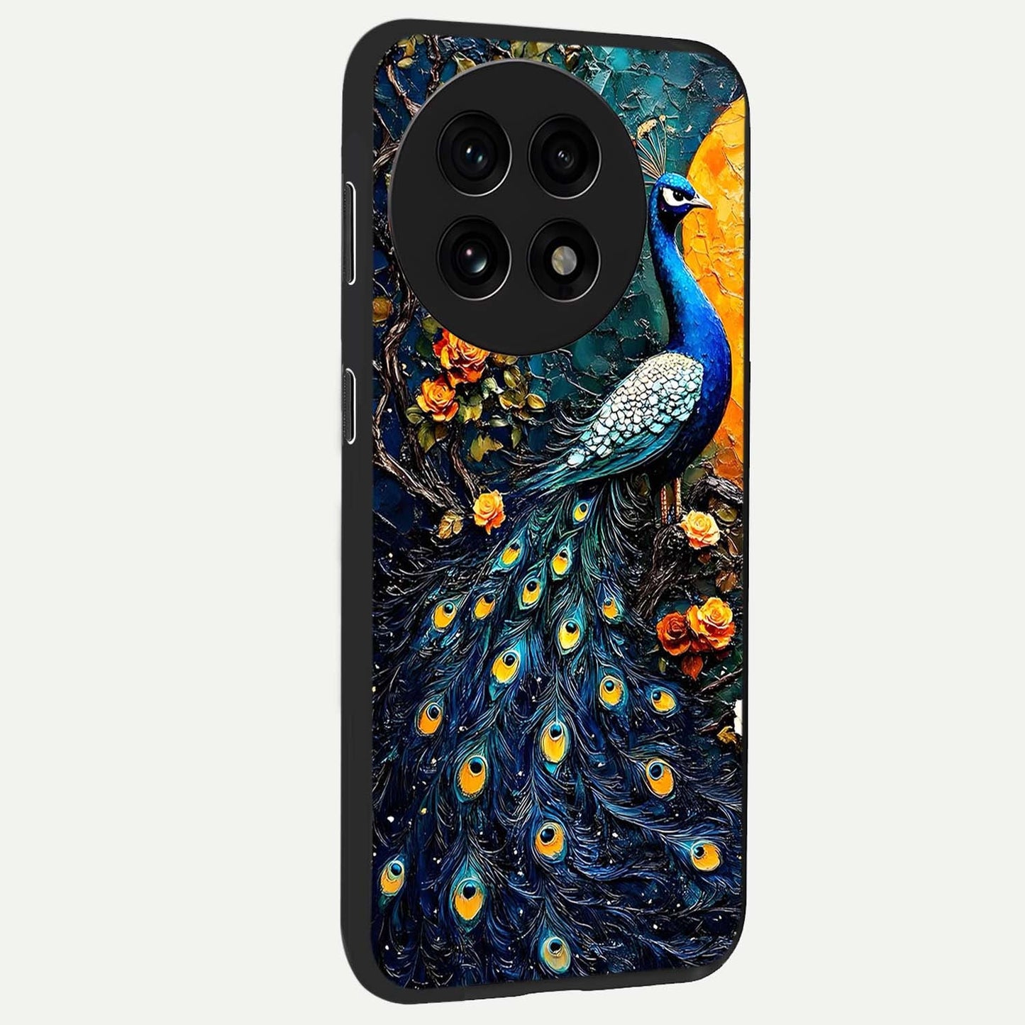 Peacock With Yellow Moon Glass Case for 1+13R side perspective highlighting vibrant plumage detailing and premium edges