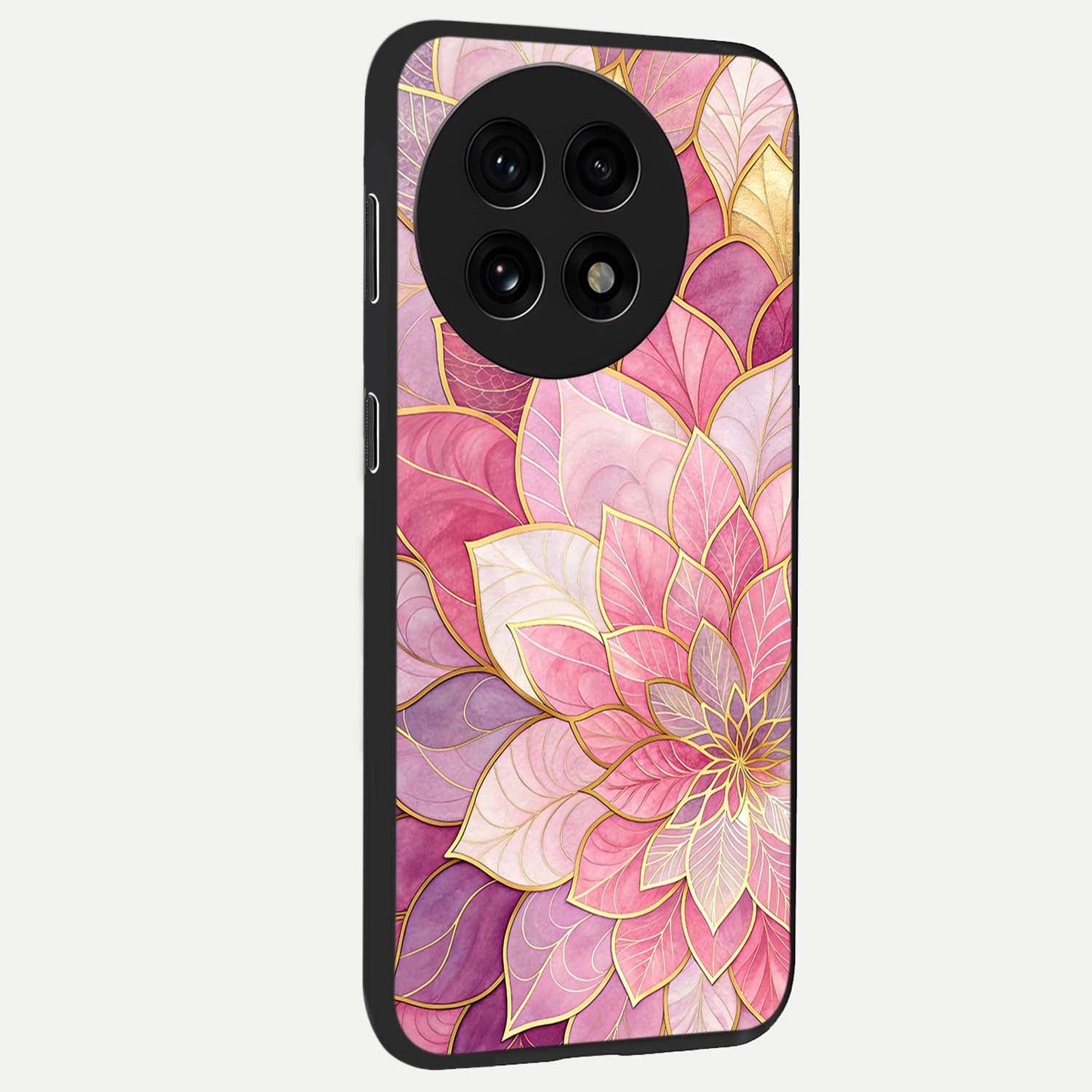 Petal Luxe Bloom Glass Case for 1+13R side perspective highlighting elegant textures and premium edge finish
