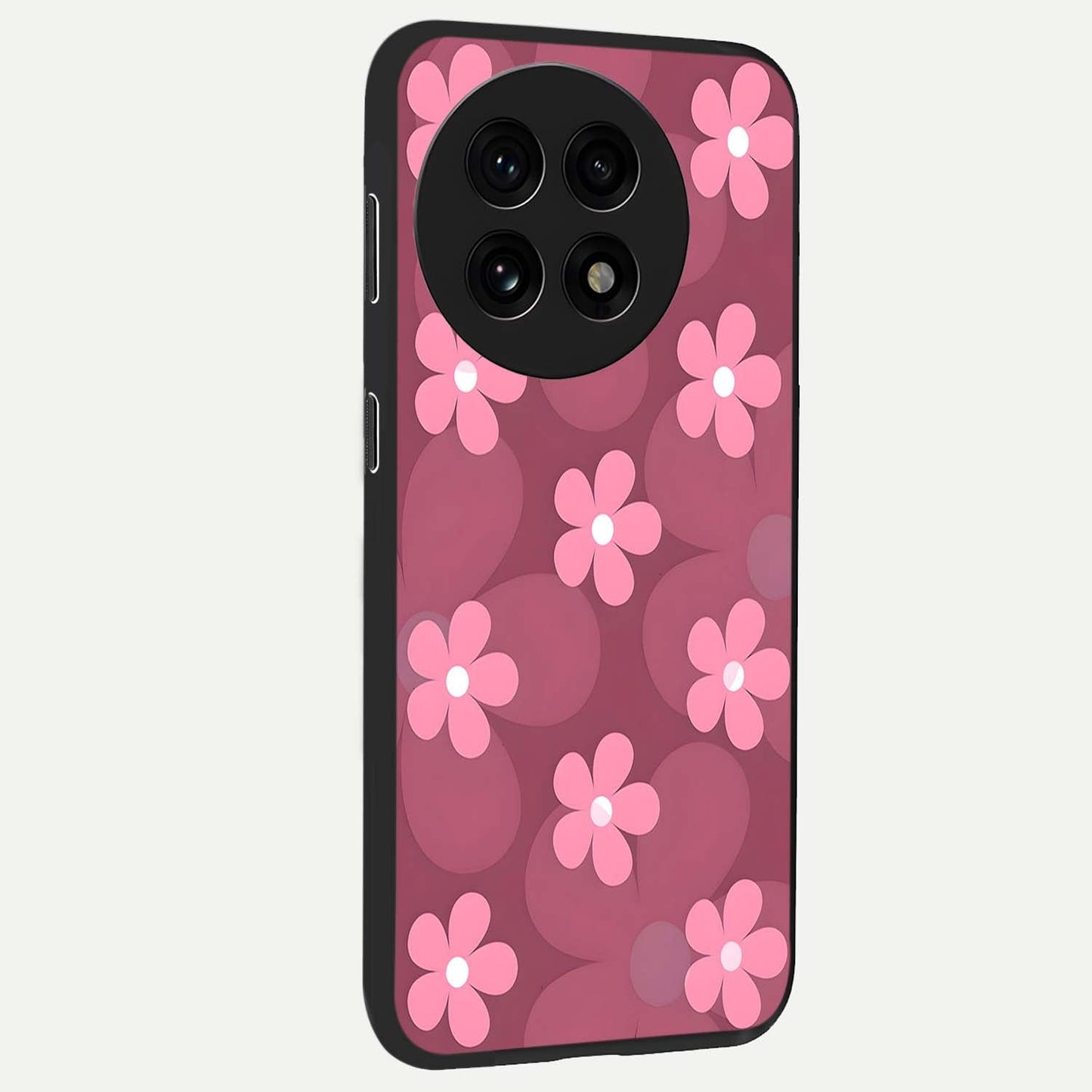 Pink Daisy Flower Pattern Glass Case for 1+13R side perspective highlighting bright floral textures and smooth build