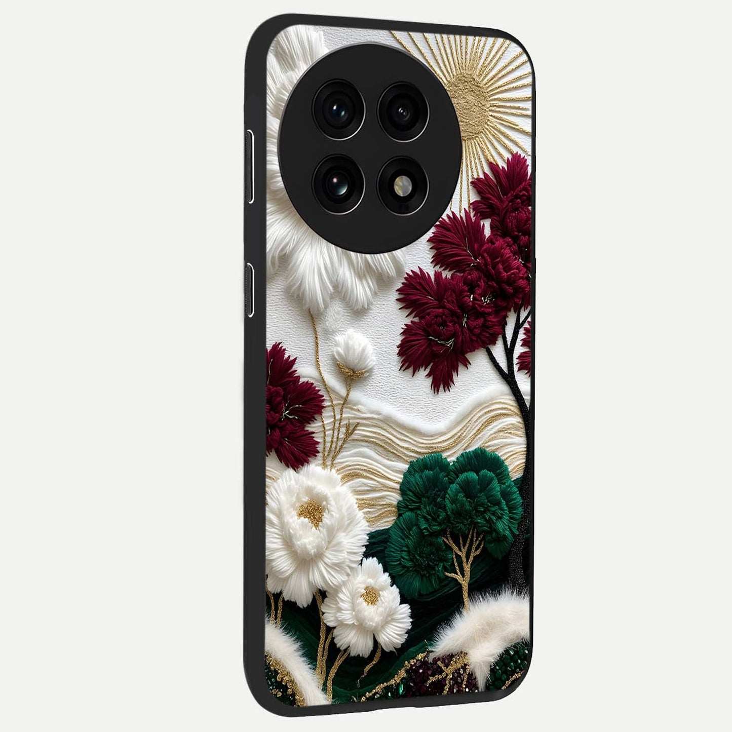 Radiant Bloom Elegance Glass Case for 1+13R side perspective highlighting delicate petal textures and premium edges