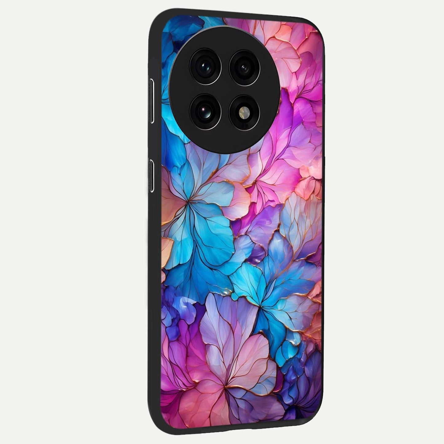 Radiant Floral Whirl Glass Case for 1+13R side perspective highlighting flowing textures and premium edges