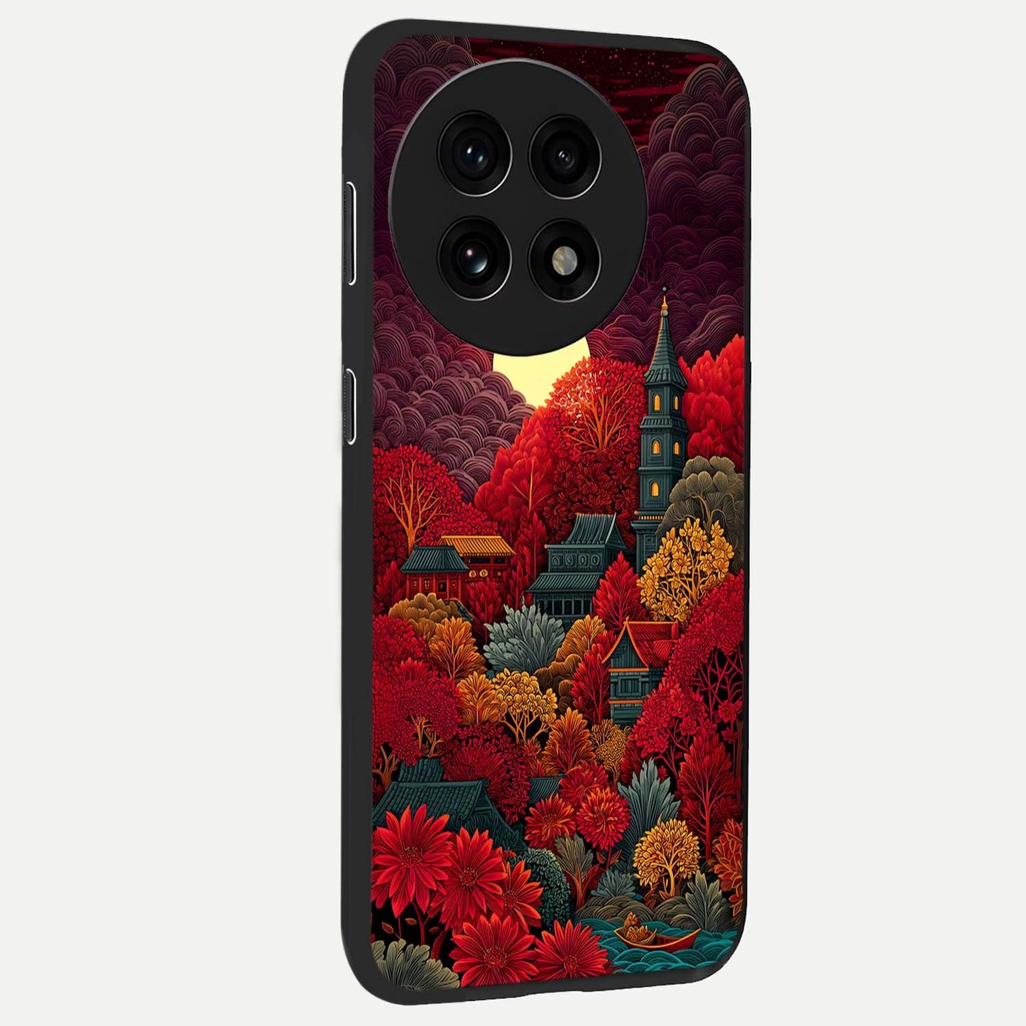 Red Scenery Hot Glass Case for 1+13R side perspective highlighting vivid gradient textures and smooth build