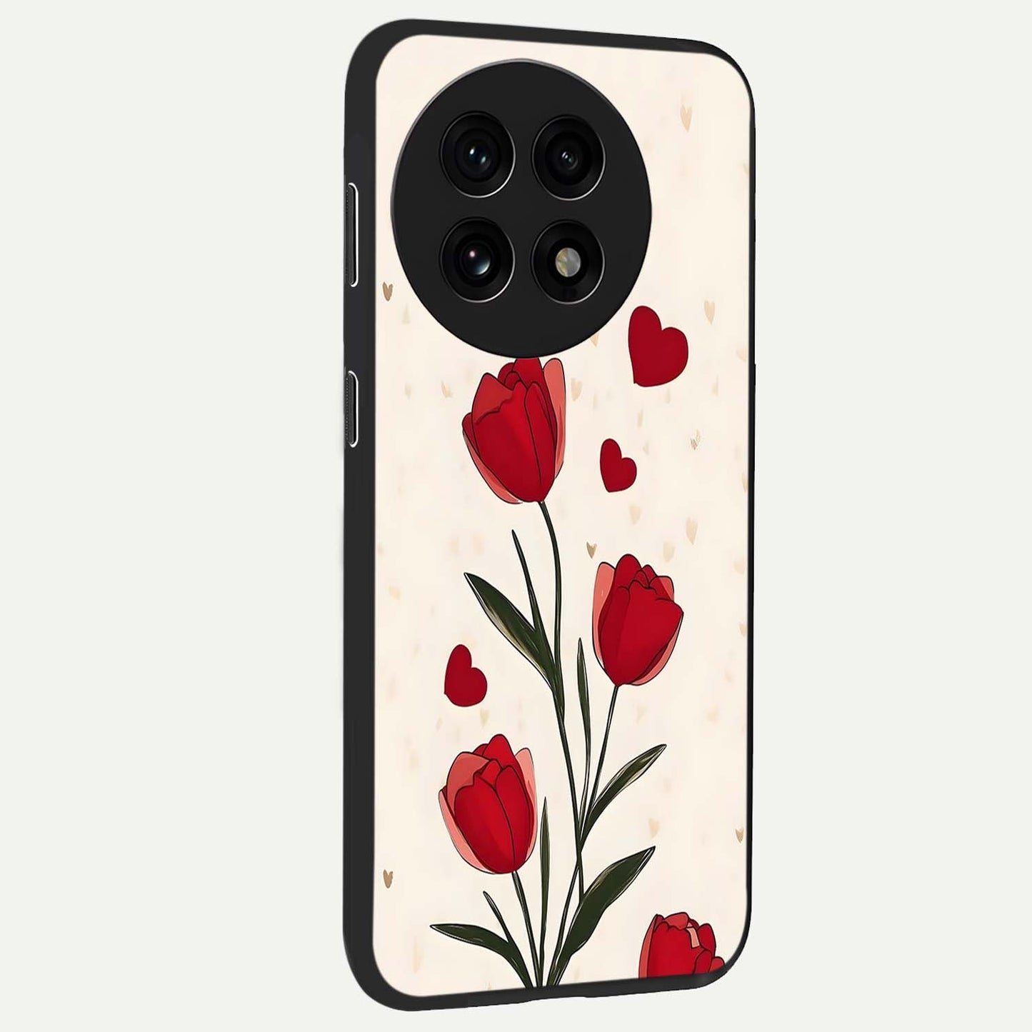 Romantic Tulip Hearts Glass Case for 1+13R side perspective highlighting delicate bloom textures and premium edges