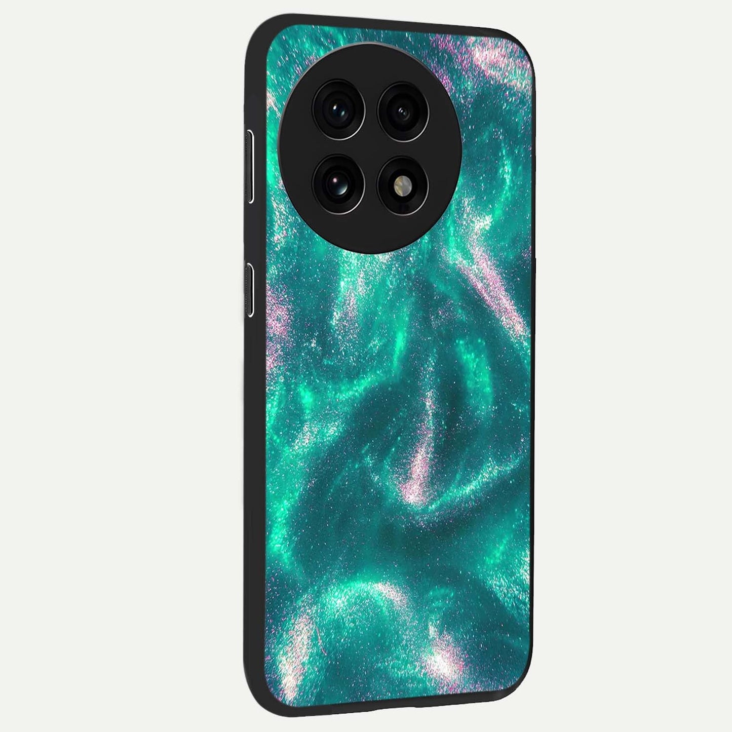 Shimmering Nebula Waves Glass Case for 1+13R side perspective highlighting luminous textures and smooth build