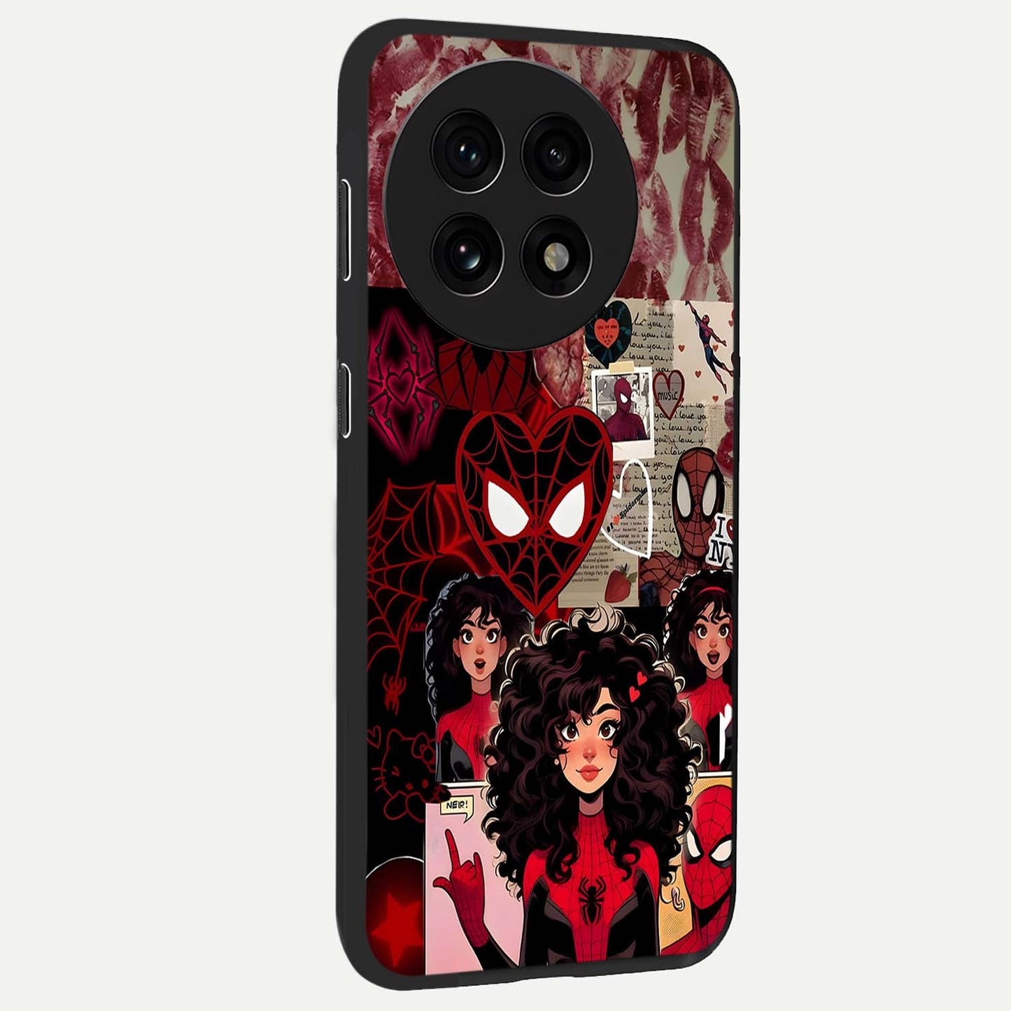 Spider Love Story Glass Case for 1+13R side perspective highlighting dynamic character textures and premium edges