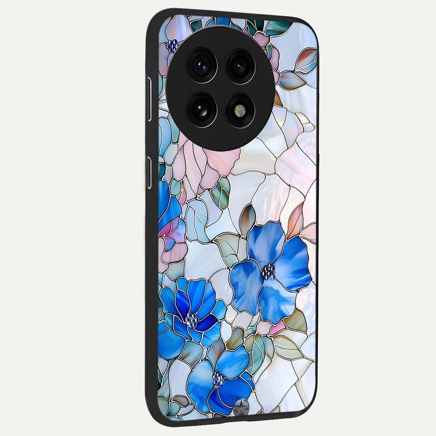 Stained Blue Floral Glass Case for 1+13R side perspective highlighting intricate bloom textures and premium edges