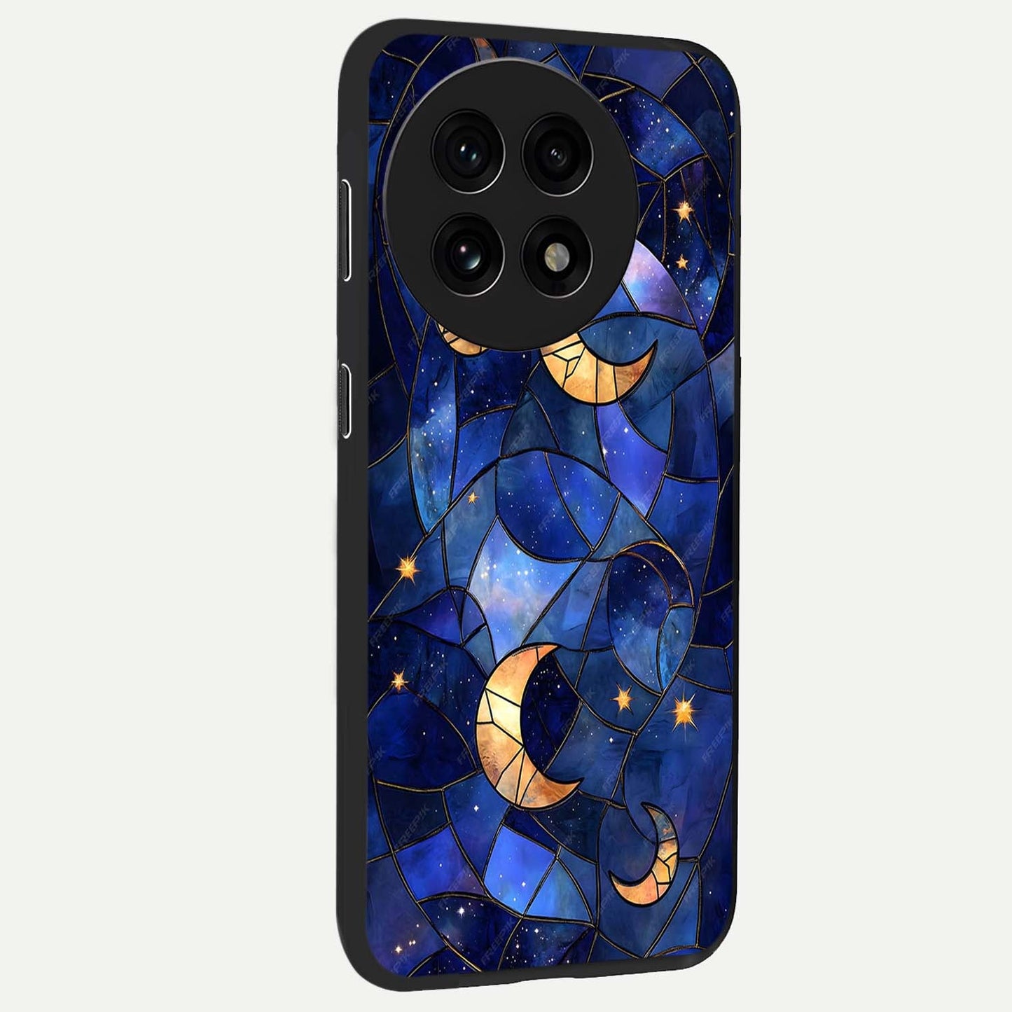 Starlit Sky Tapestry Glass Case for 1+13R side perspective highlighting intricate celestial textures and premium edges