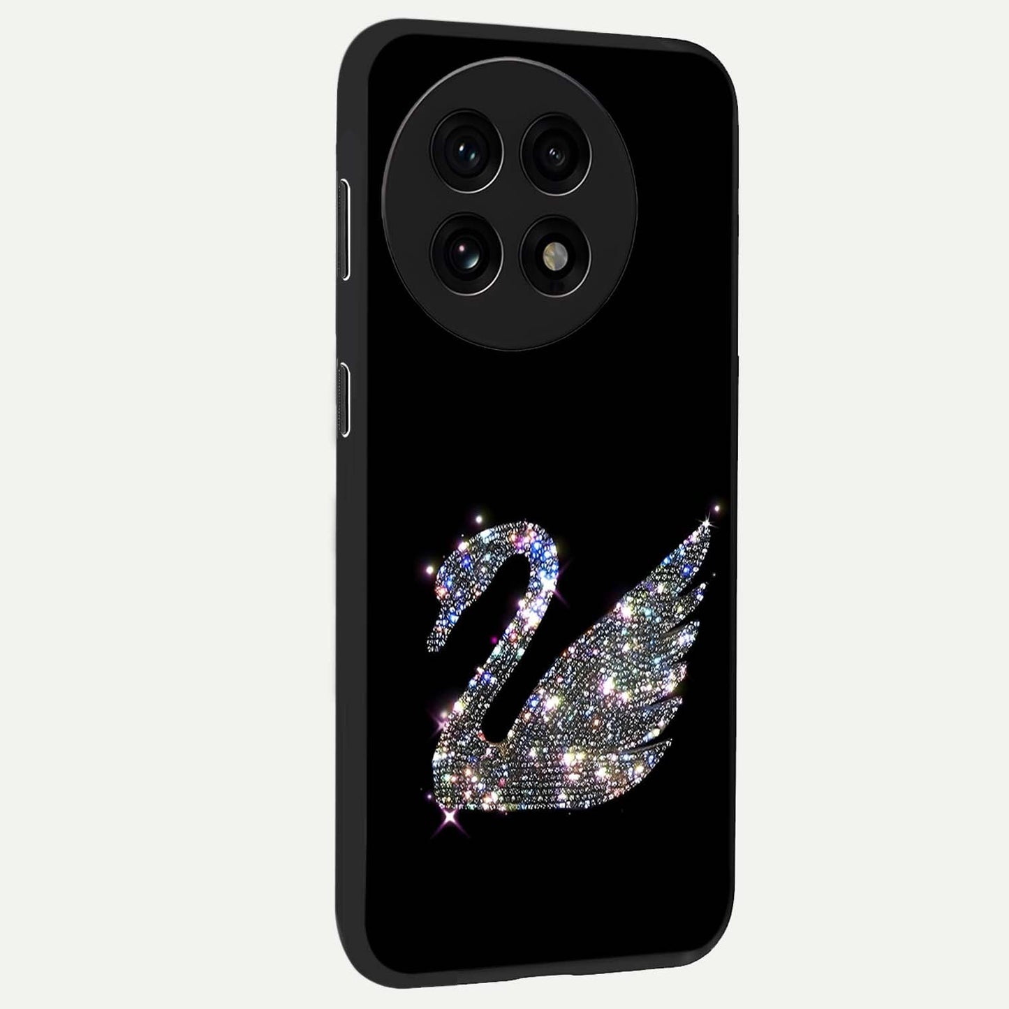 Starlit Swan Grace Glass Case for 1+13R side perspective highlighting elegant feather textures and smooth build