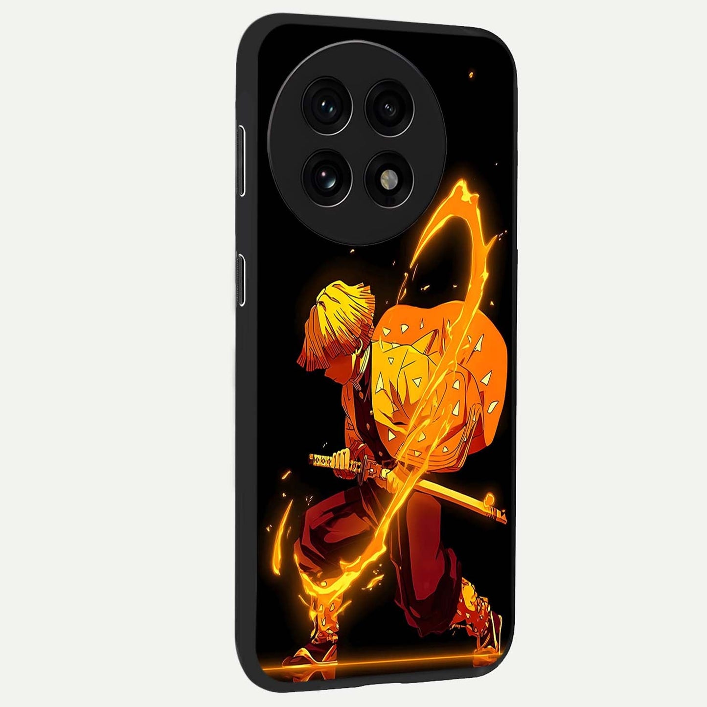 Thunder Flame Execution Glass Case for 1+13R side perspective highlighting fiery textures and premium edge finish
