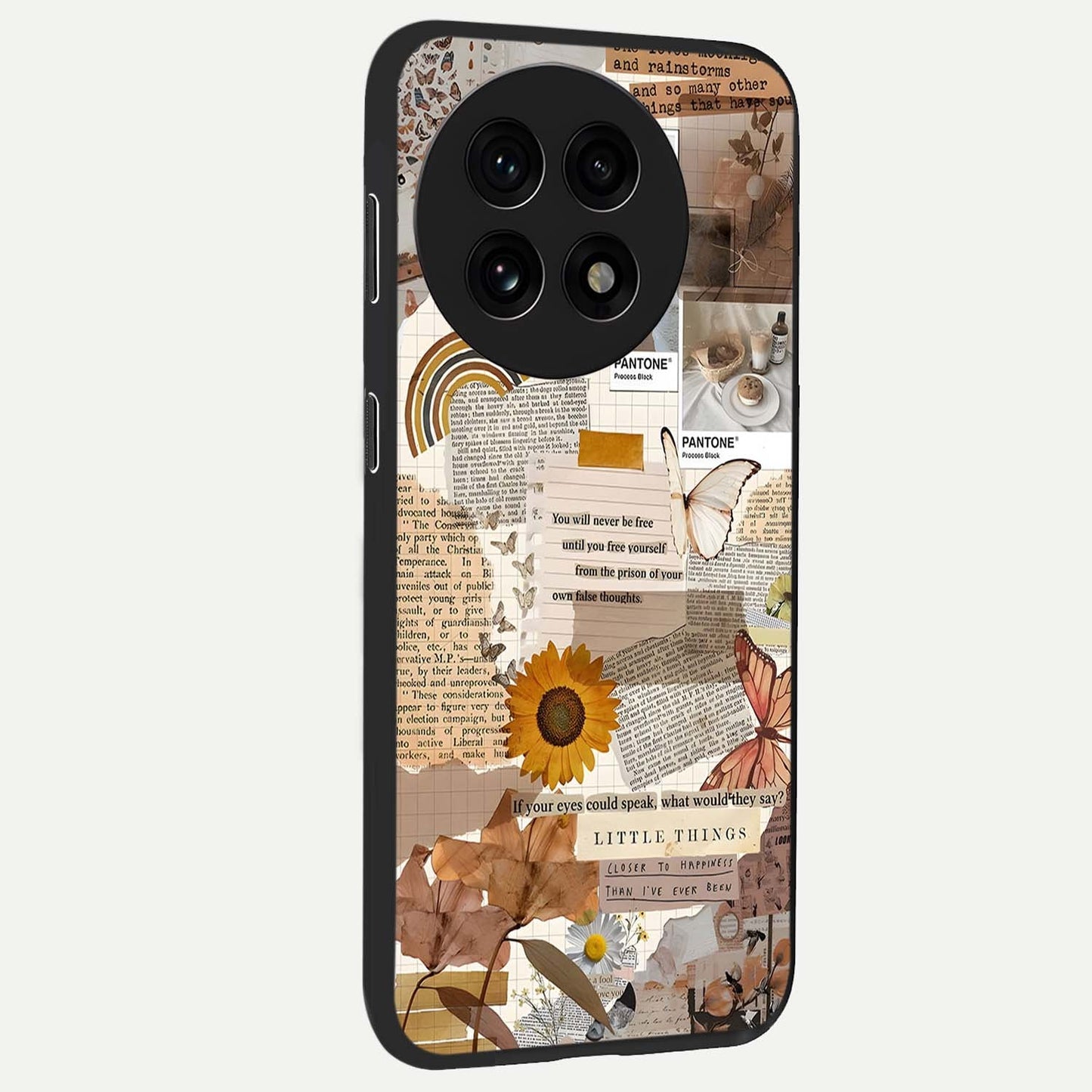 Vintage Aesthetic Collage Glass Case for 1+13R side perspective highlighting textured layers and premium edges