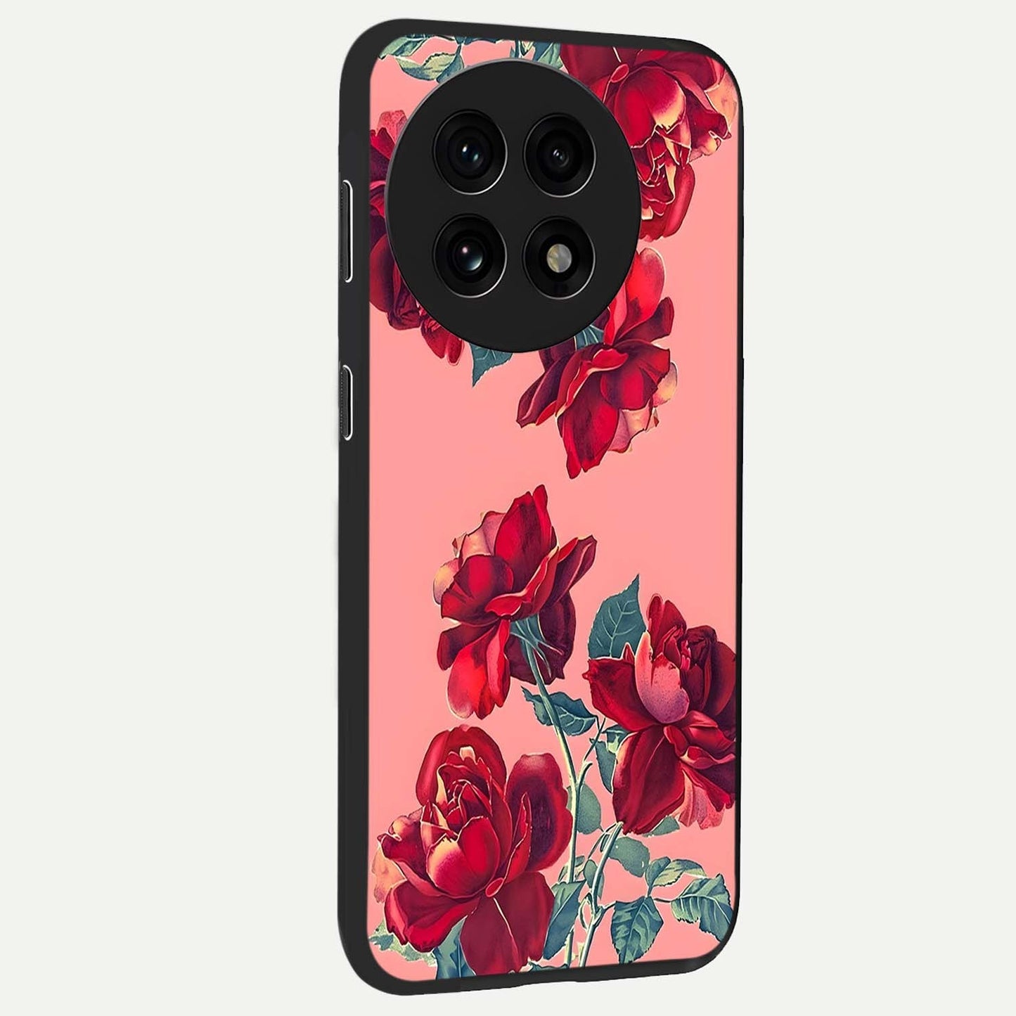 Vintage Rose Beauty Glass Case for 1+13R side perspective highlighting refined floral textures and smooth premium build