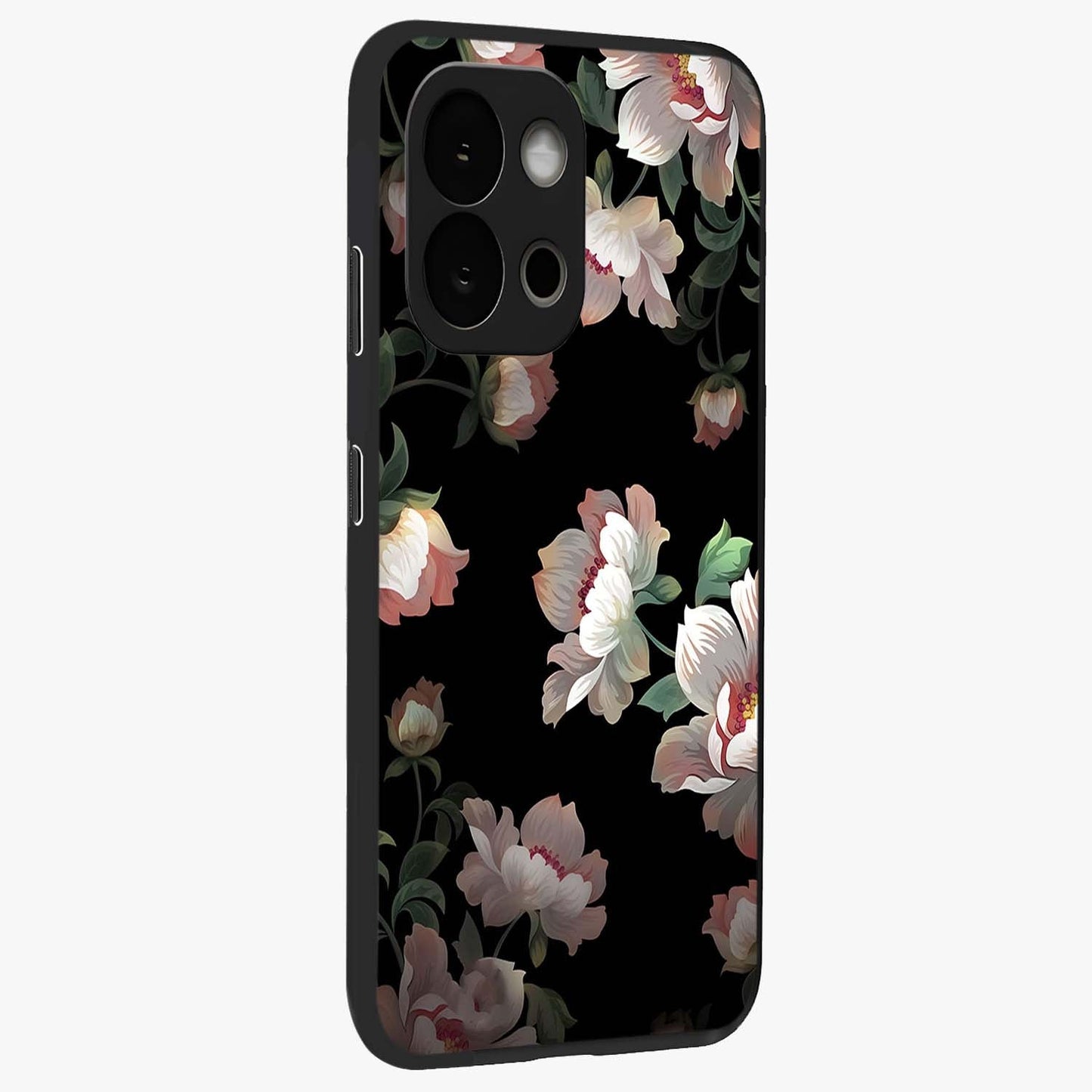 Abstract Embossed Blooming Bright Flower Glass Case for 1+13S side perspective highlighting bright embossed flower texture