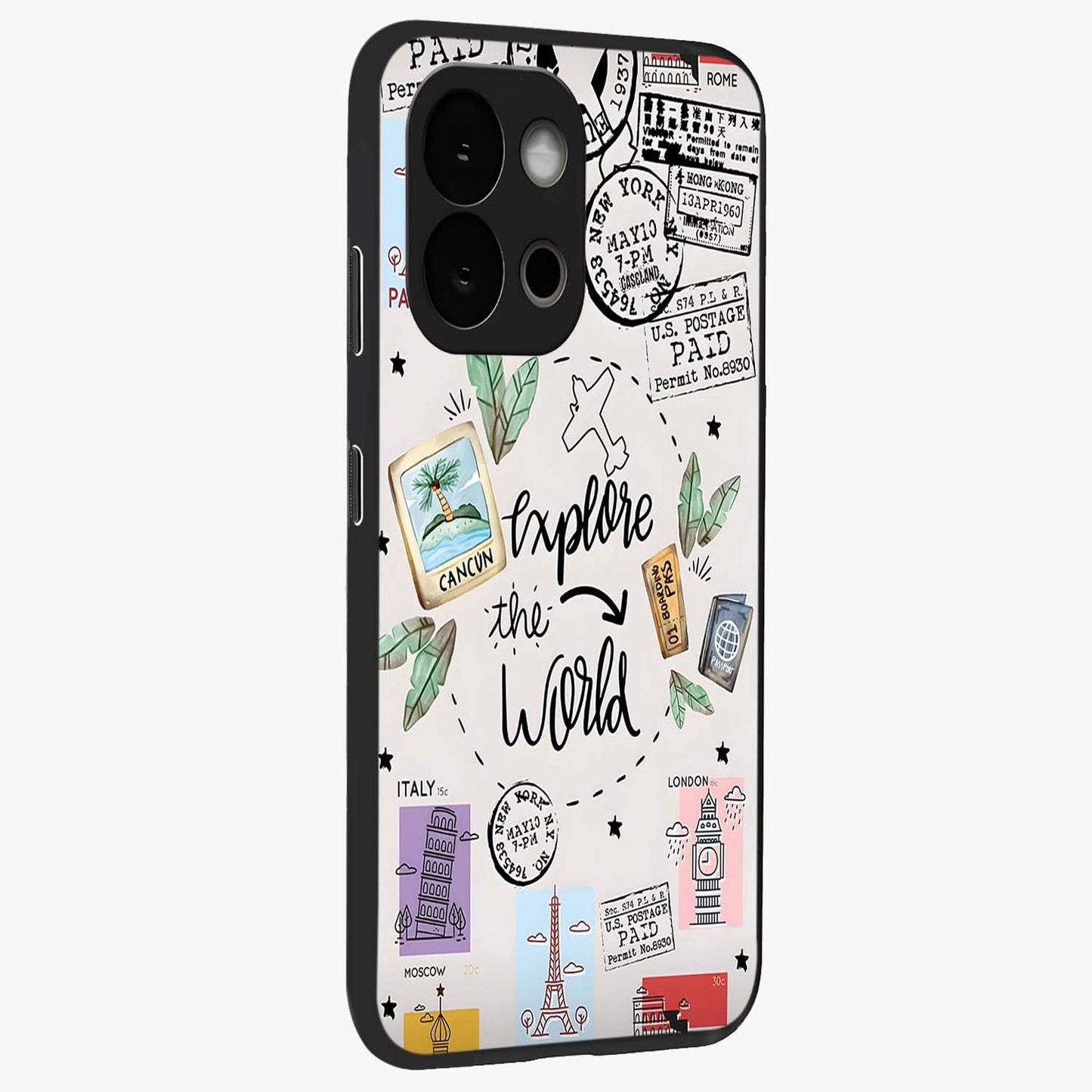 Adventure Awaits Art Glass Case for 1+13S side perspective highlighting motivational travel graphic details