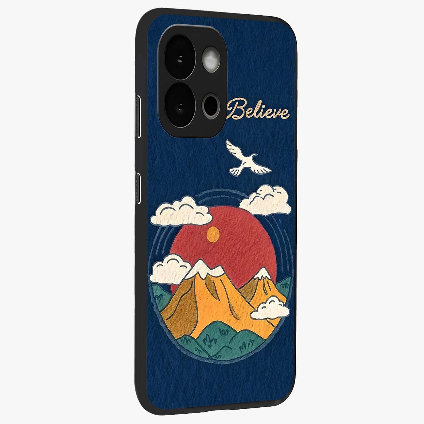 Believe Sky Escape Glass Case for 1+13S side perspective highlighting motivational typography and smooth edges