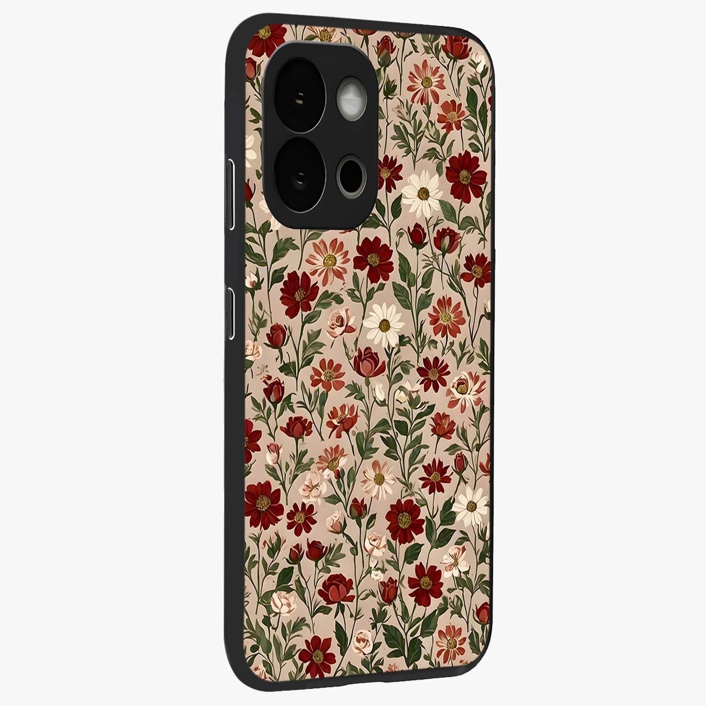 Biege Flower With Leaf Glass Case for 1+13S side perspective highlighting subtle tones and elegant flower texture