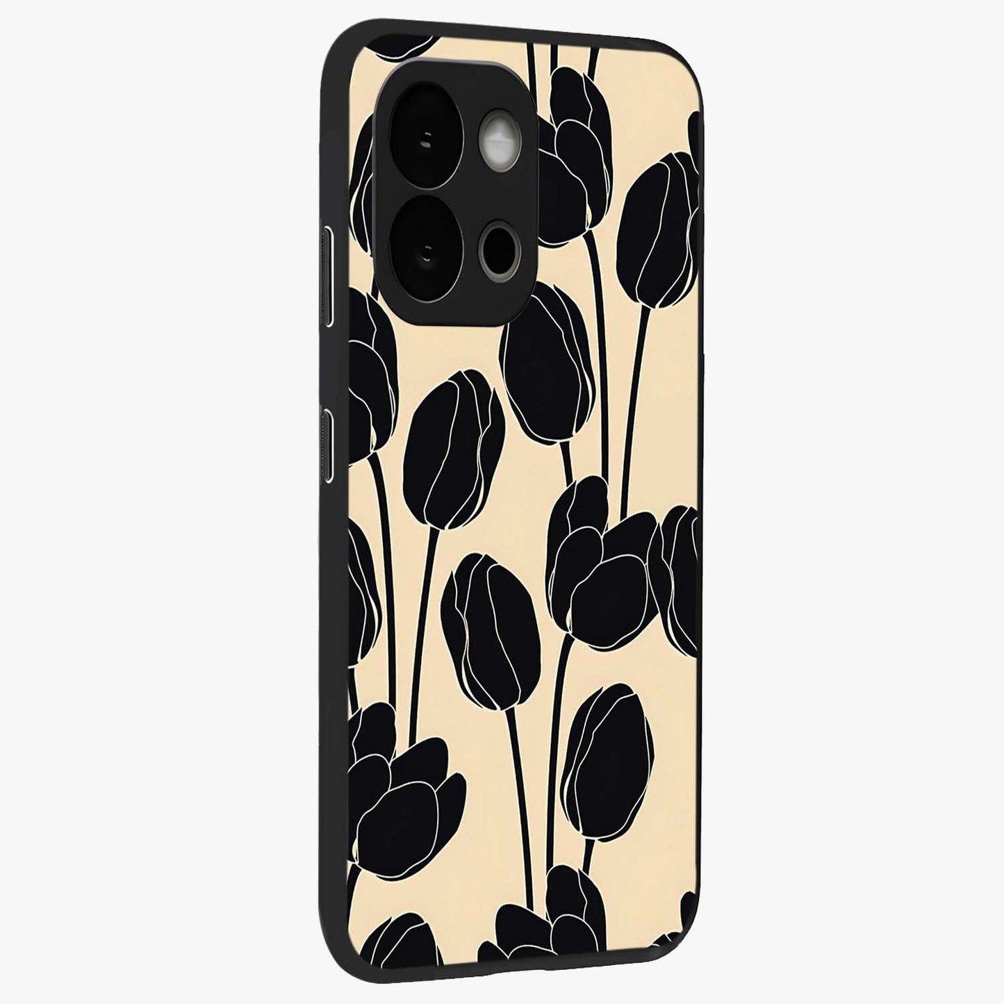 Black Designer Tulip Glass Case for 1+13S side perspective highlighting bold contrast and stylish tulip illustration