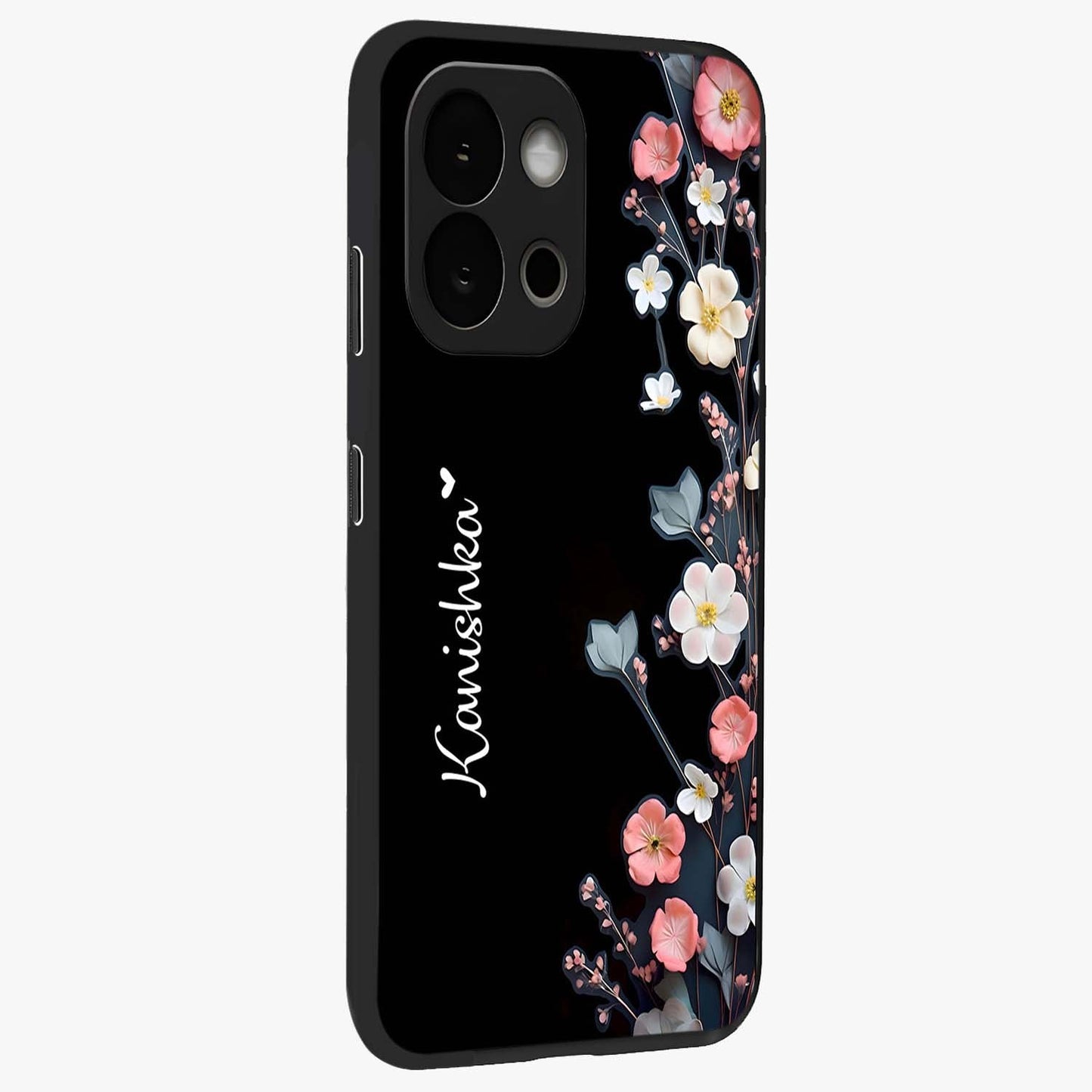 Black Elegance Floral Custom Name Glass Case for 1+13S side perspective highlighting elegant floral detailing and premium edges