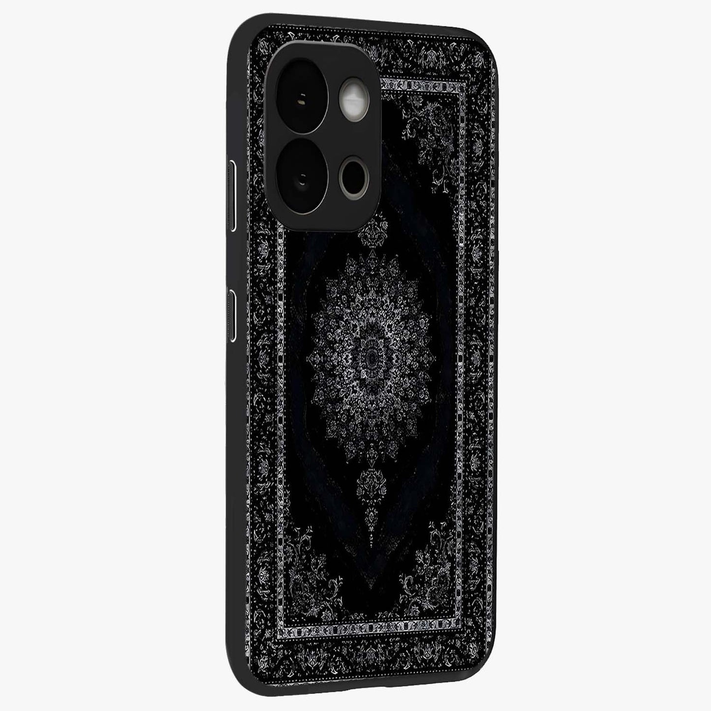Black Persian Carpet Glass Case for 1+13S side perspective highlighting classic pattern textures and premium build