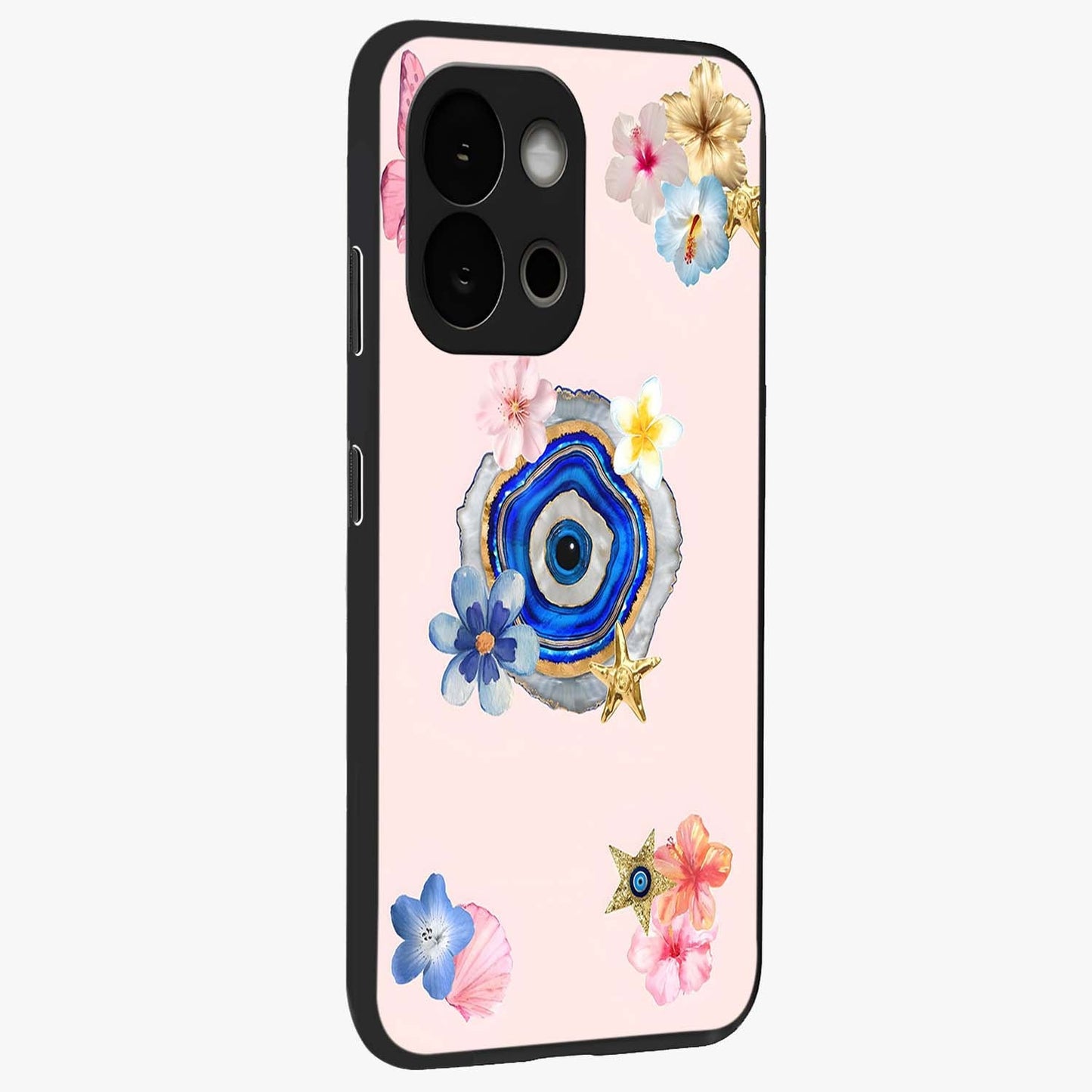 Blossom Evil Charm Glass Case for 1+13S side perspective highlighting delicate blossom detailing and bold symbol contrast