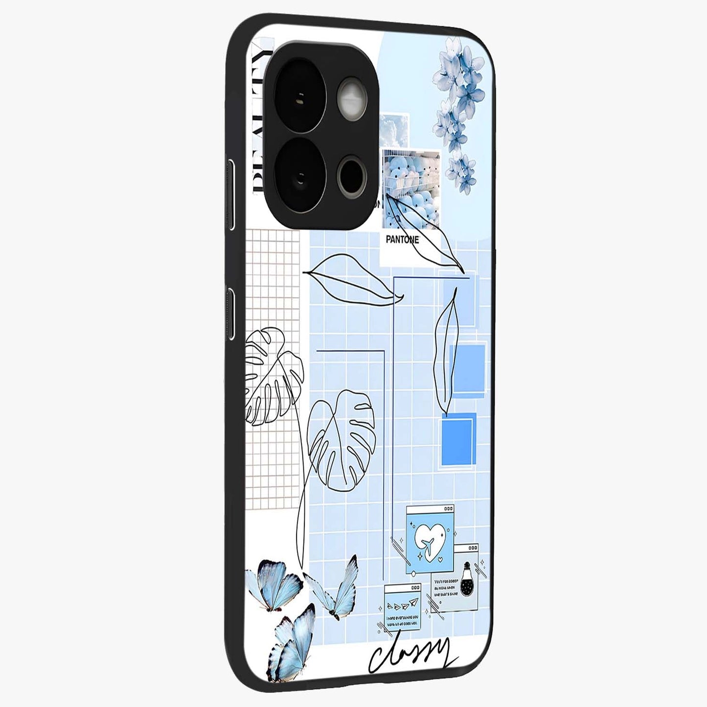 Blue Aesthetic Flower Glass Case for 1+13S side perspective highlighting calming blue tones and premium detailing