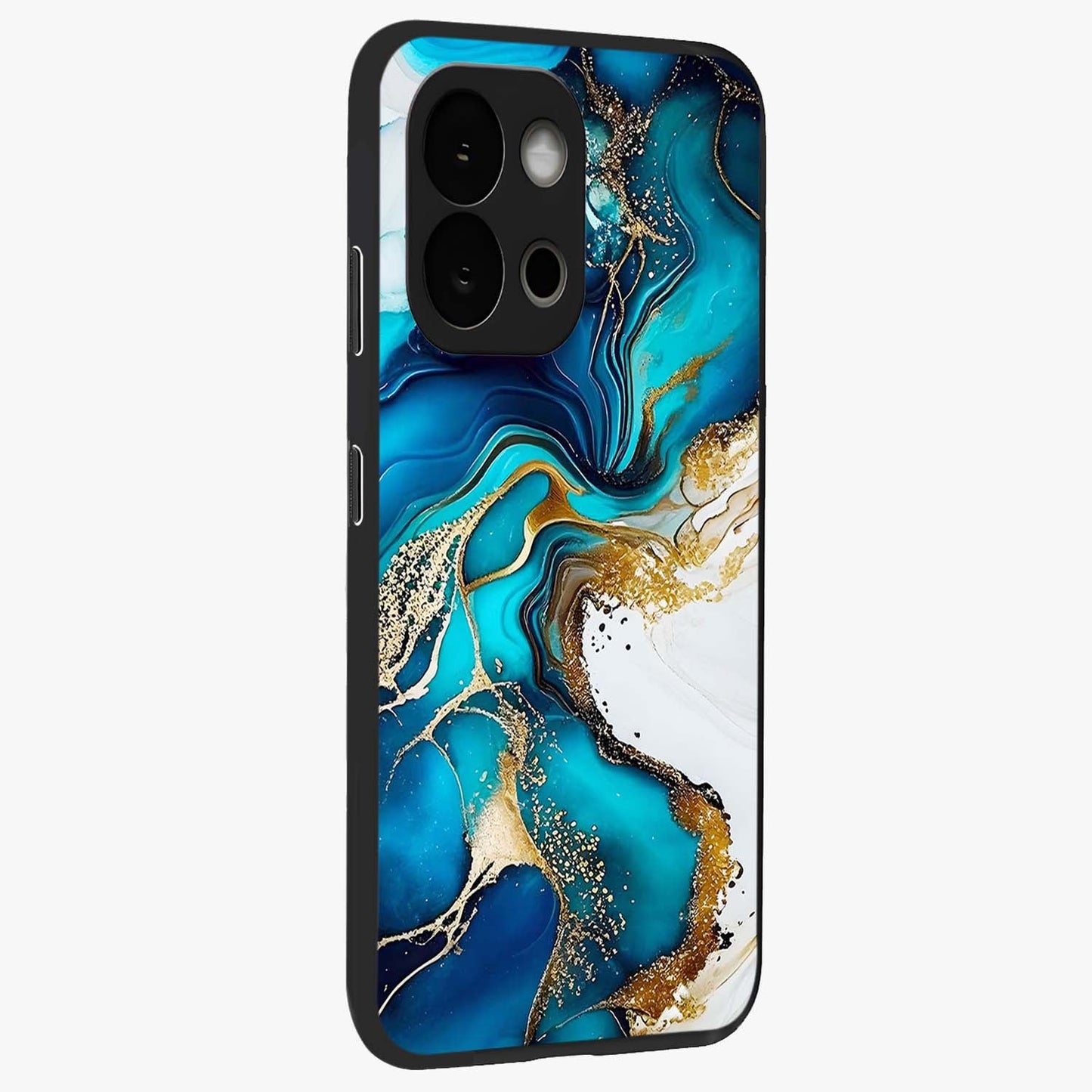 Blue and White Marble With Golden Viens Art Glass Case for 1+13S side perspective highlighting rich marble textures and elegant gold accents