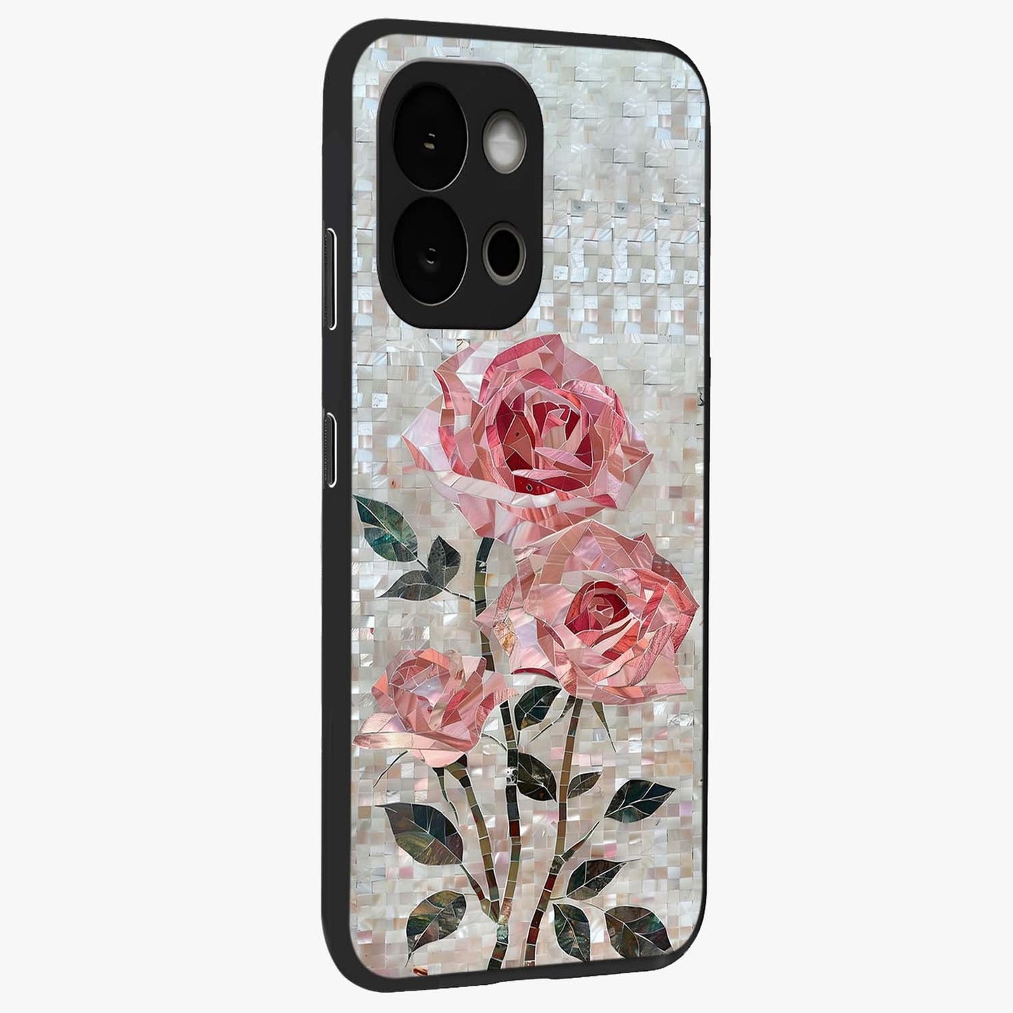 Blush Luxe Bloom Glass Case for 1+13S side perspective highlighting elegant floral textures and sleek edges
