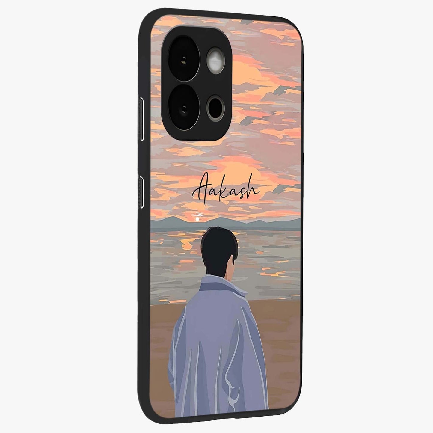 Boy Facing Sunset Beach Glass Case for 1+13S side perspective highlighting calming sunset gradients and smooth edges
