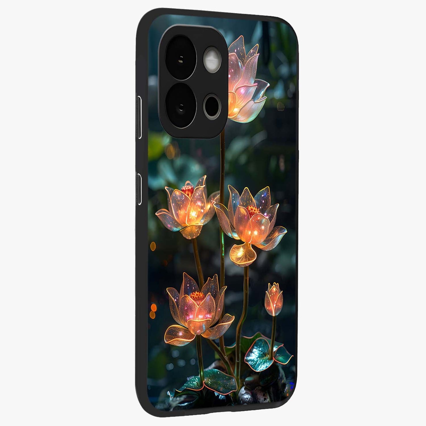 Celestial Lotus Light Glass Case for 1+13S side perspective highlighting delicate lotus detailing and premium finish